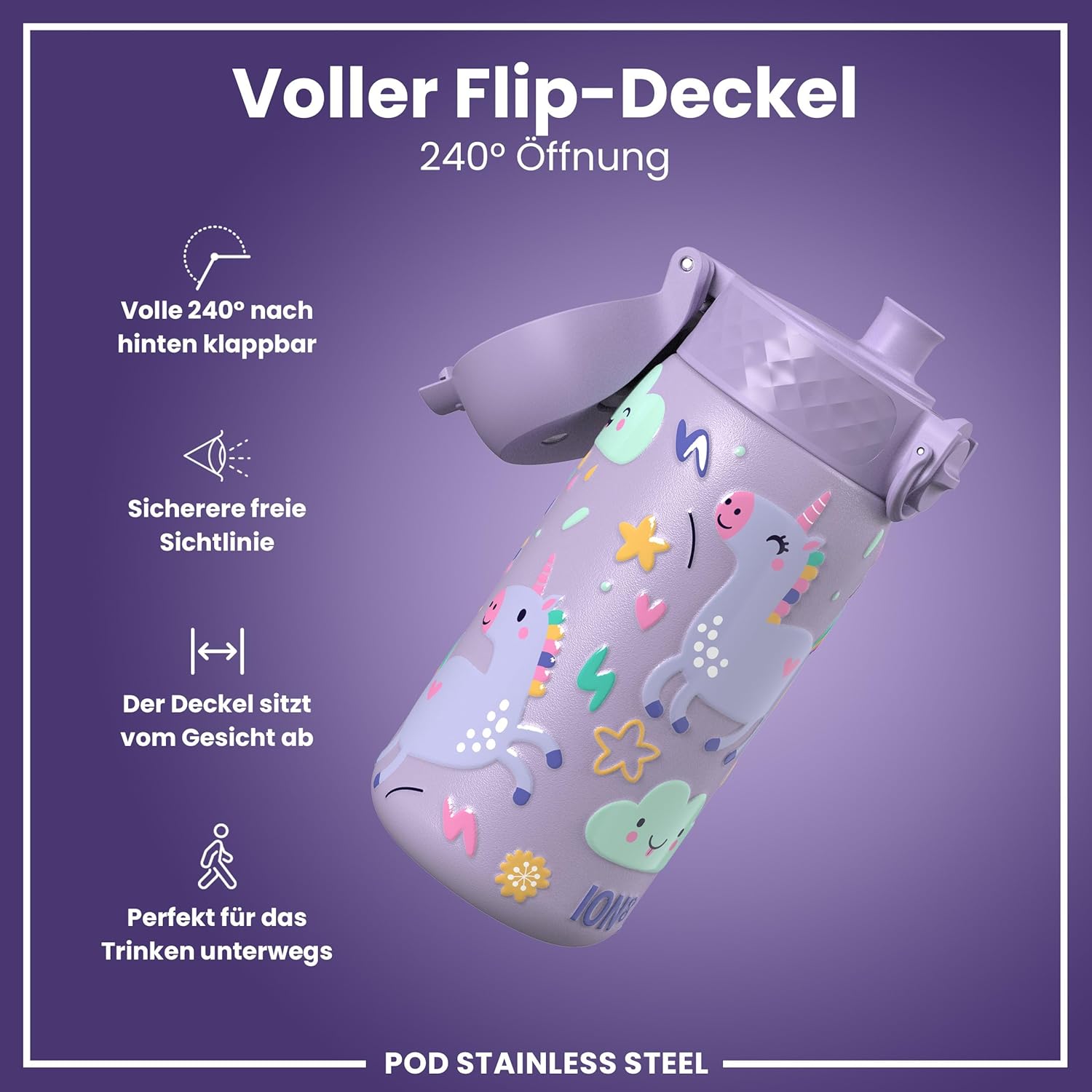 Detalle de Ion8 Edelstahl-Trinkflasche 400 ml – leicht, auslaufsicher, Einhandöffnung, violettes Einhorn