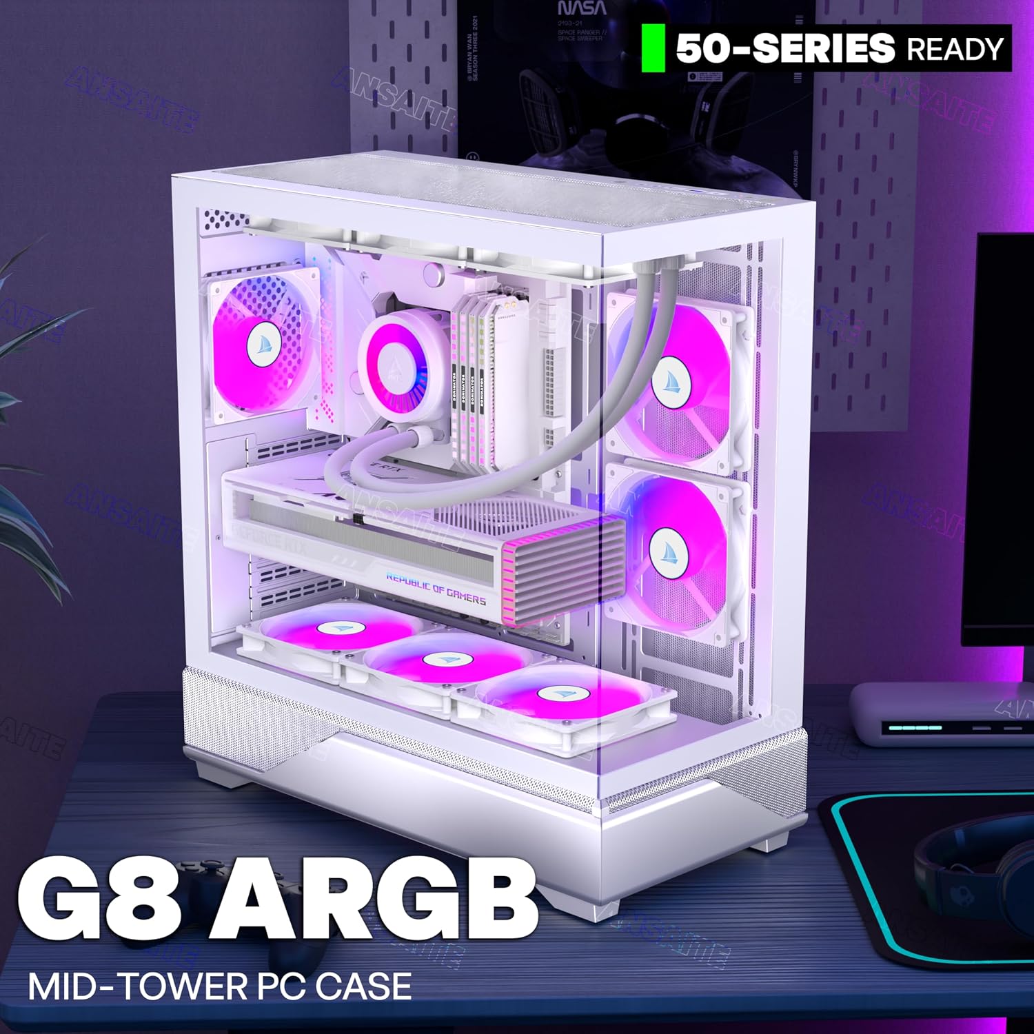 Thumbnail 6 de ANSAITE ATX PC Case with 6 ARGB Fans and Panoramic Glass Window