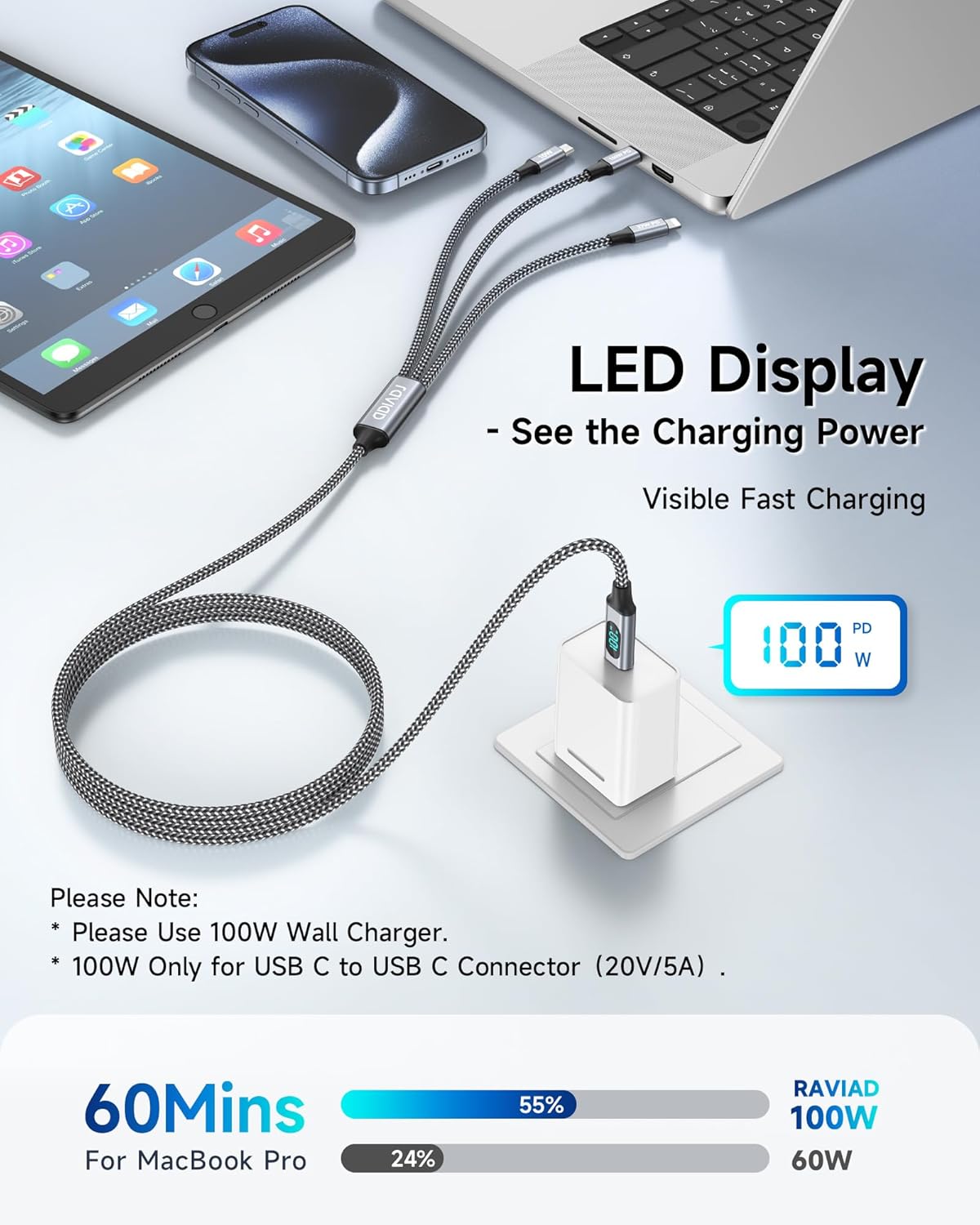 Detalle de RAVIAD 100W USB-C Multi-Ladekabel 50 cm – 3-in-1 mit LED-Anzeige und 100W Power Delivery