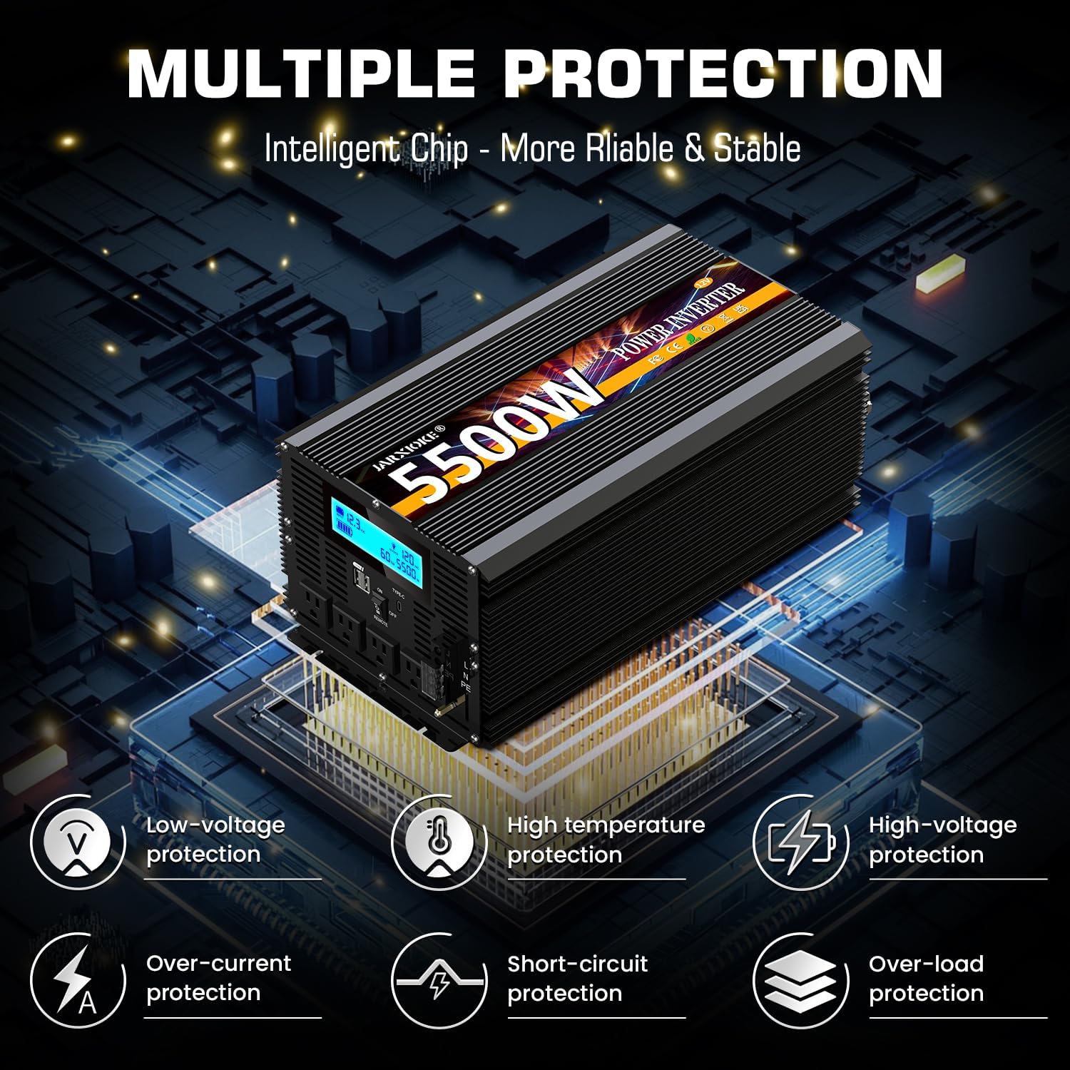Detalle de 5500W 12V DC to 110/120V AC Inverter with LCD, Type-C, 3 Outlets, Dual USB, Remote