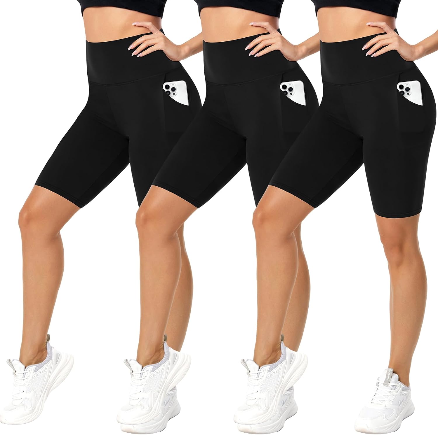 Detalle de FuelMeFoot 3er-Set Damen Radlerhose mit Taschen, High Waist – blickdicht & sportlich