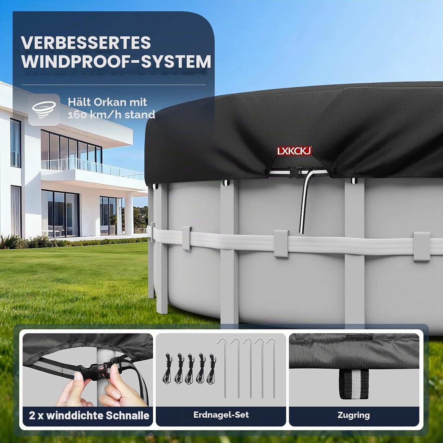 Detalle de LXKCKJ Rundabdeckung für oberirdische Pools, 3,7 m – Schwarz, wasserdicht & winddicht mit Kordelzug