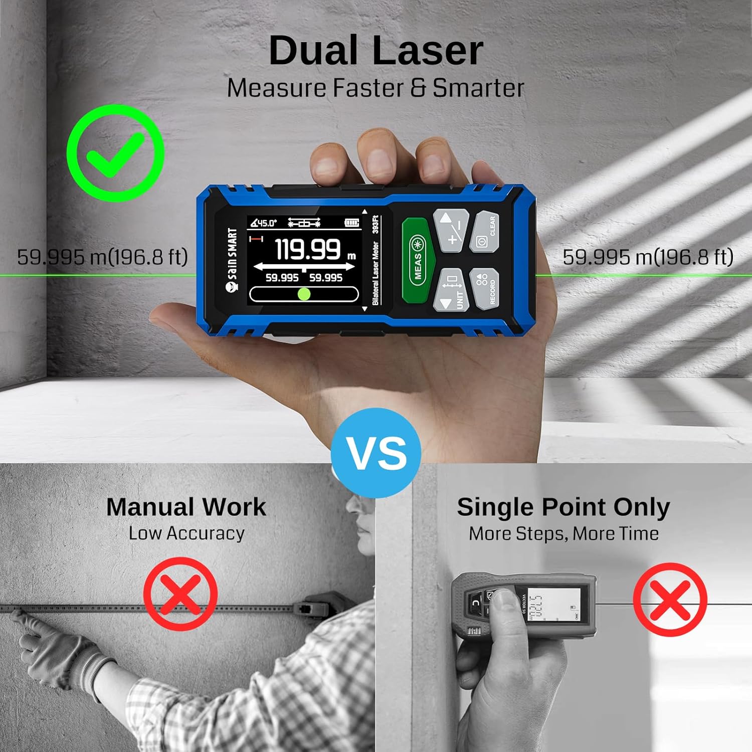 Thumbnail 1 de SainSmart doppio misuratore laser ricaricabile fino a 120 m con LCD retroilluminato