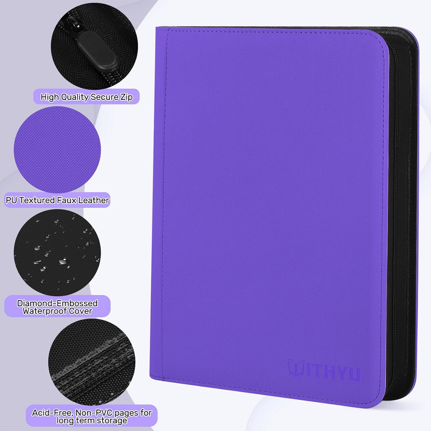 Detalle de WITHYU 16-Taschen Sammelalbum für Karten (1024 Karten) mit seitlichem Einschub & Reißverschluss – violett