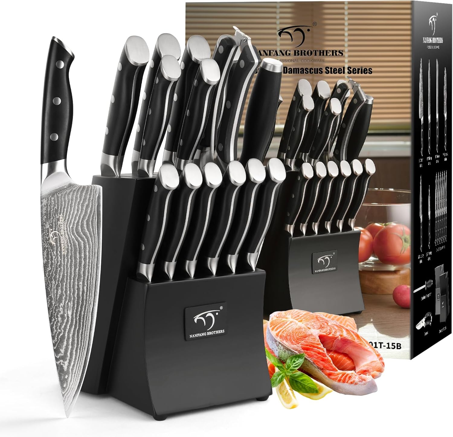 Thumbnail 4 de 15-teiliges Damastmesser-Set mit VG10-Kern und Buchenholzblock (VG10, 67 Schichten)