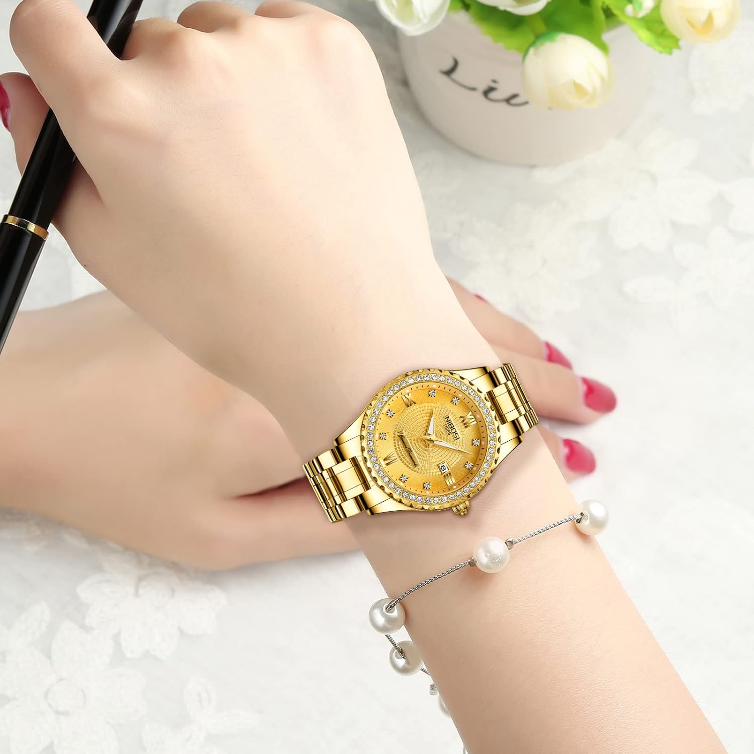 Thumbnail 5 de NIBOSI Damen-Armbanduhr mit Quarzwerk, Mineralglas und roségoldfarbenem Diamant-Zifferblatt