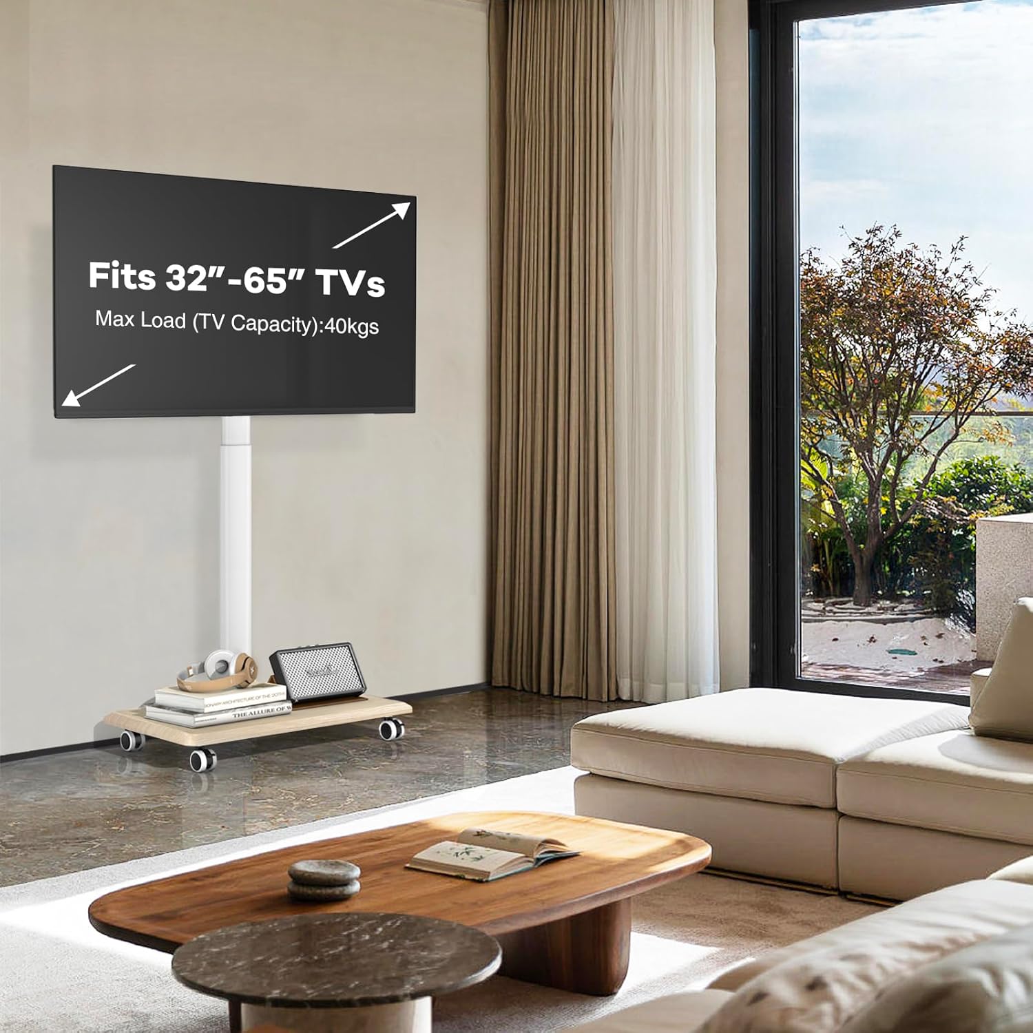 Thumbnail 1 de TVON Support TV sur pied à roulettes universel blanc et bois pour téléviseurs 32 à 65 pouces (VESA jusqu’à 400×400 mm)