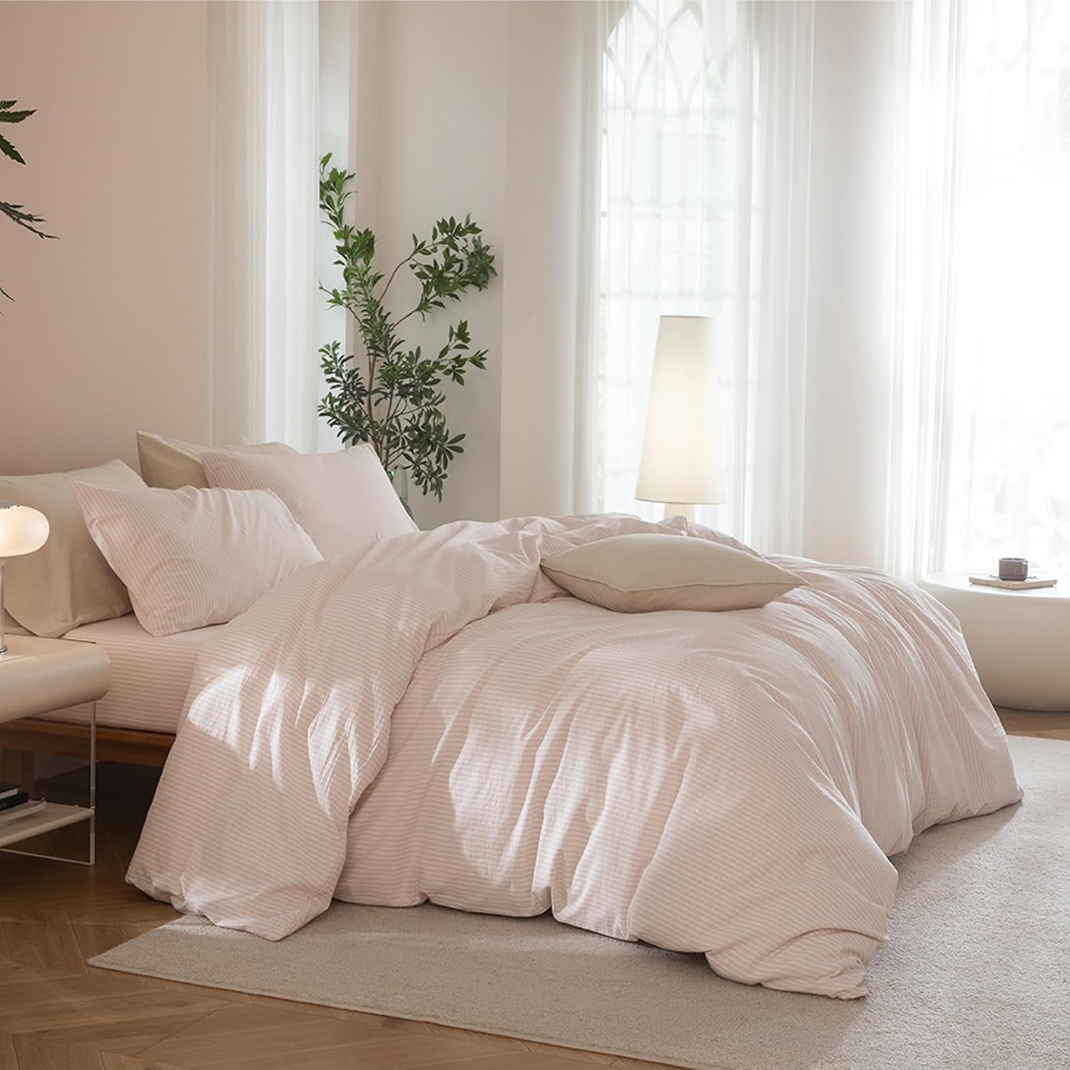 Thumbnail 2 de JIYUAN Twin Washed Cotton Duvet Cover Set with Linen-Like Pinstripes (2-Piece) — Includes Pillowcase, Hidden Zipper & 8 Corner Ties