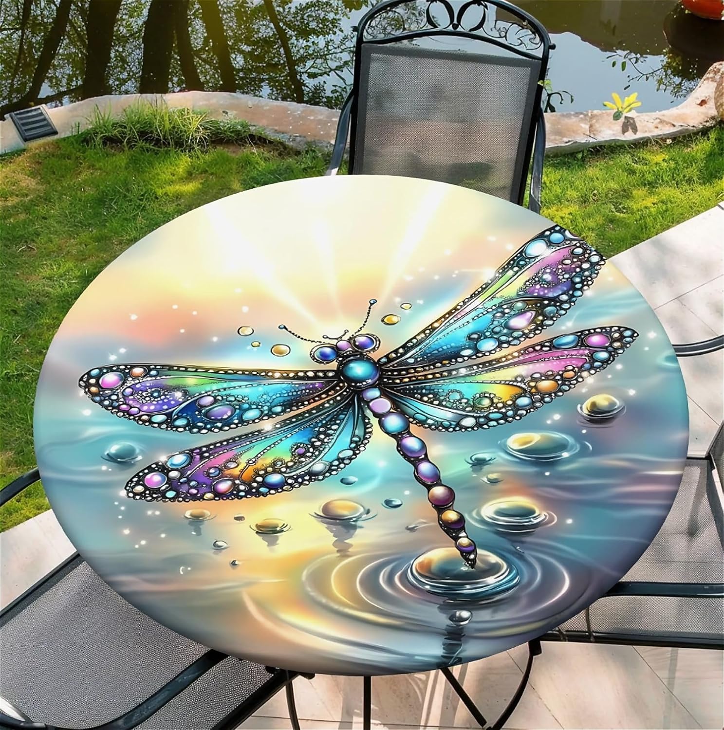 Detalle 2 de artslion Outdoor Round Tablecloth with Elastic Band 44In (110Cm) — Wipe Clean, Diamond Dragonfly