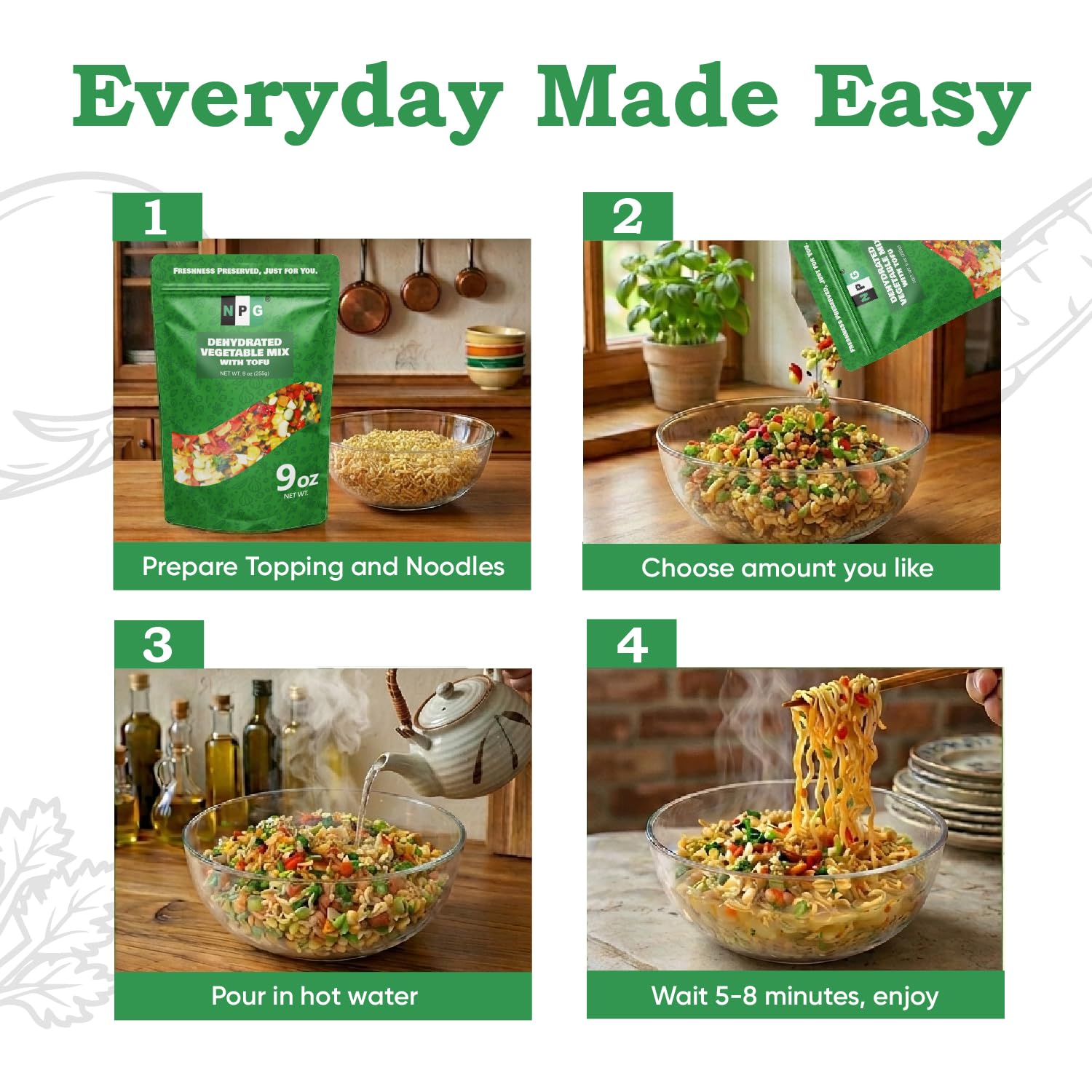 Detalle 2 de Natural Plus Green Dried Vegetable Mix, 9 Oz, Shiitake Mushroom & Tofu, No Added Salt