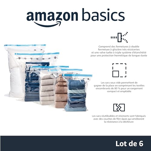 Detalle 2 de Amazon Basics – Lot de 6 housses de rangement sous vide Jumbo (100 × 76 cm) avec pompe manuelle et fermeture éclair