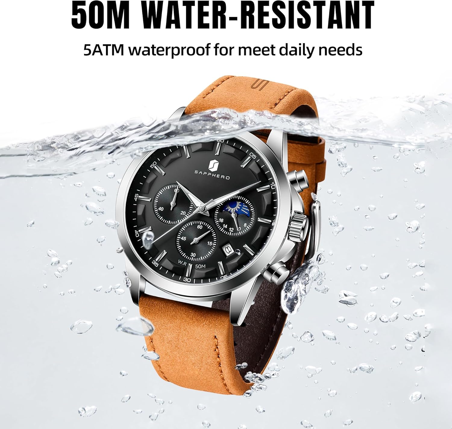 Thumbnail 3 de BENYAR BY Herrenuhr: Chronograph, Wasserdicht bis 30 m, Lederarmband, Edelstahlgehäuse