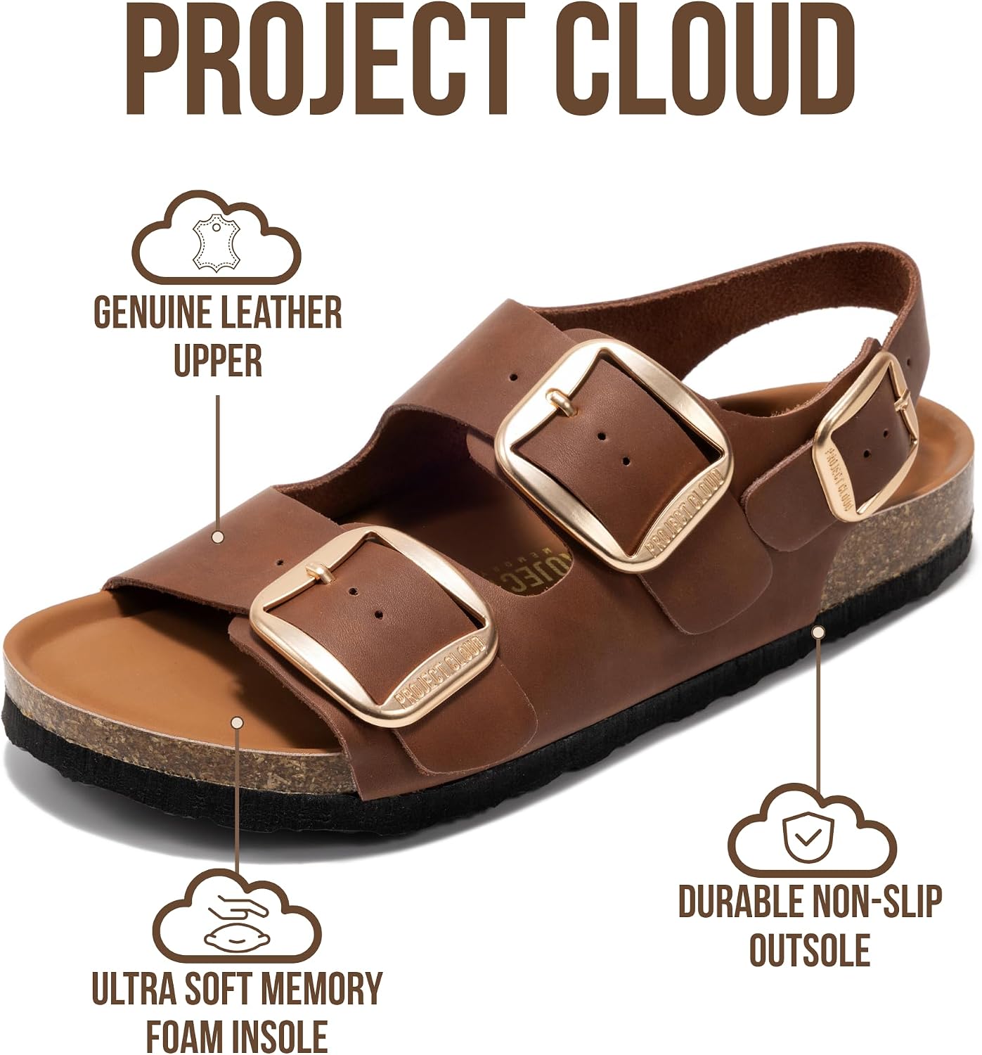 Detalle de Project Cloud Genuine Leather Beach Sandals for Women (Garda) with Memory Foam Slingback Slides