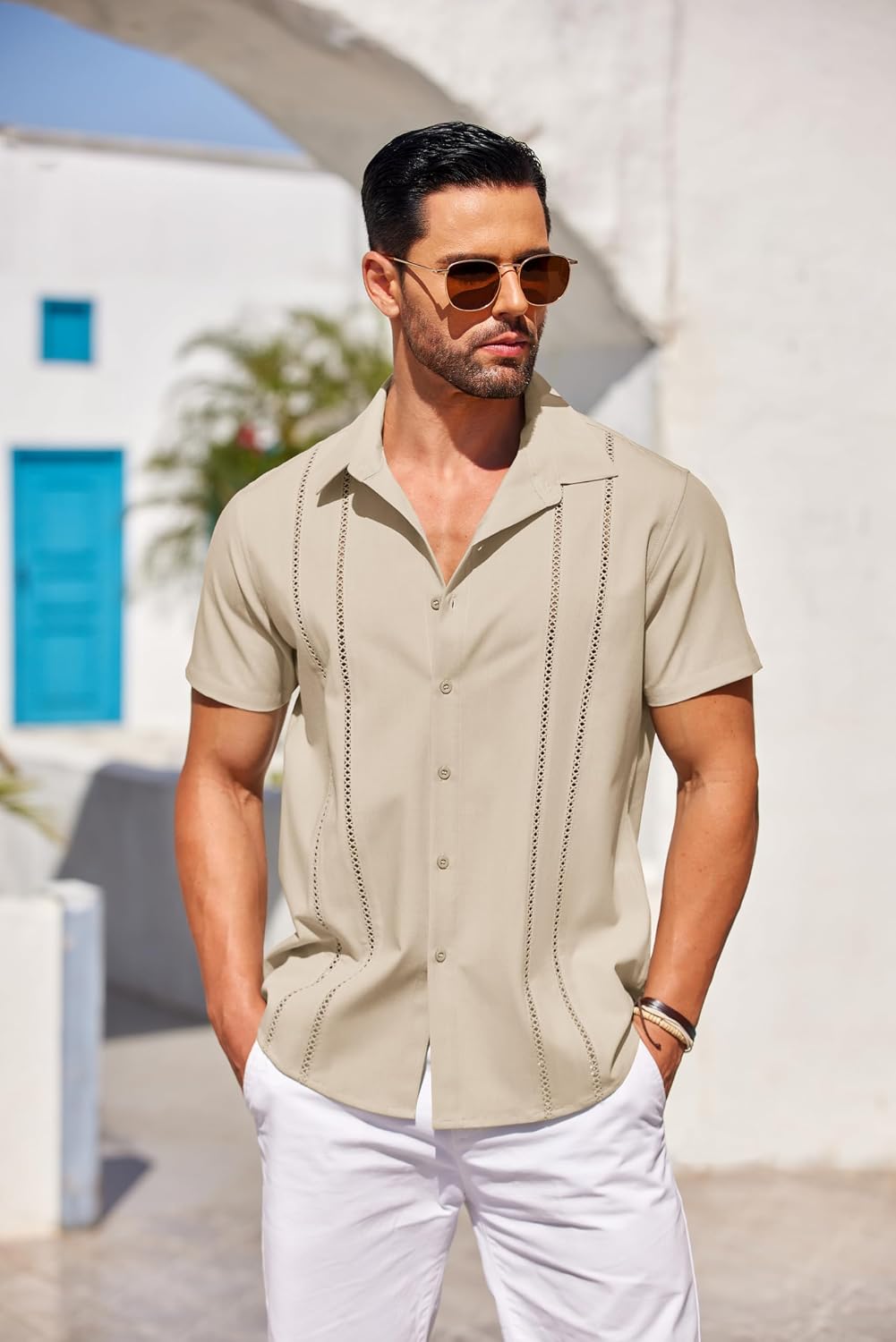 Detalle de COOFANDY Men's Cuban Guayabera Shirt - Short Sleeve Linen-Blend for Summer