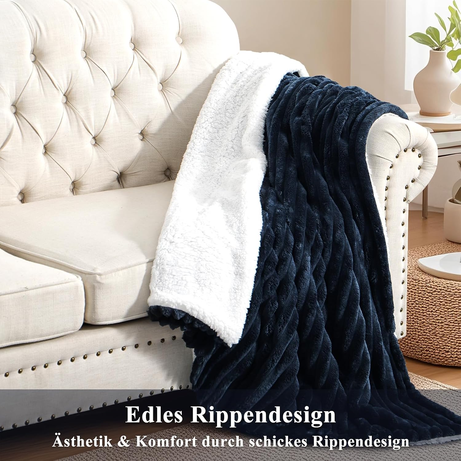 Detalle 2 de RUIKASI Sherpa koc 130 × 150 cm, niebieski, dwustronny i prążkowany