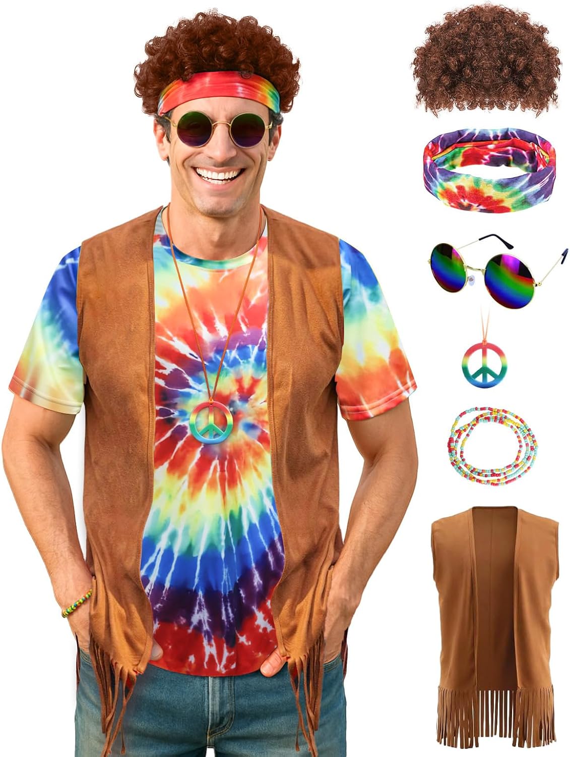 Detalle de Treature Hippie Costume for Men, Tie-Dye Shirt Set for 60s and 70s Parties