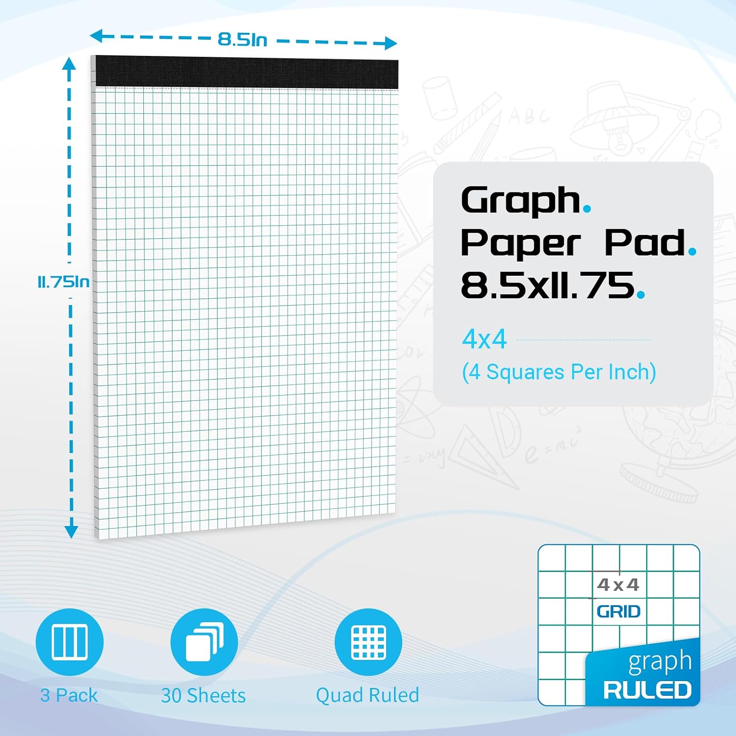 Detalle 2 de Roneky 8.5 x 11 Graph Paper Pads, 3-Pack, 4x4 Quad Grid, Perforated