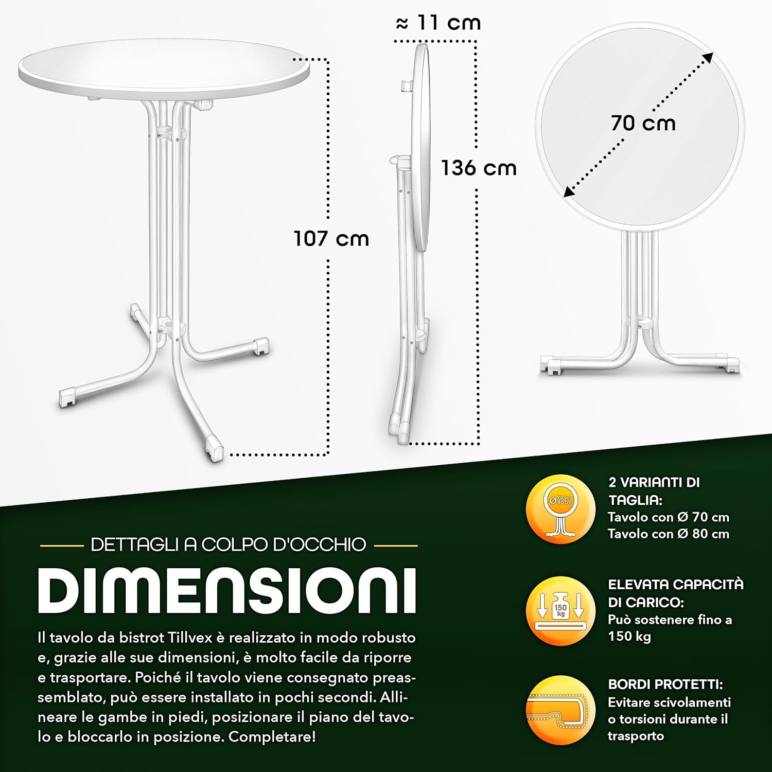 Thumbnail 1 de tillvex® Gastro Tavolo pieghevole Ø 70 cm con rivestimento: tavolo da bistrot rotondo per interni ed esterni