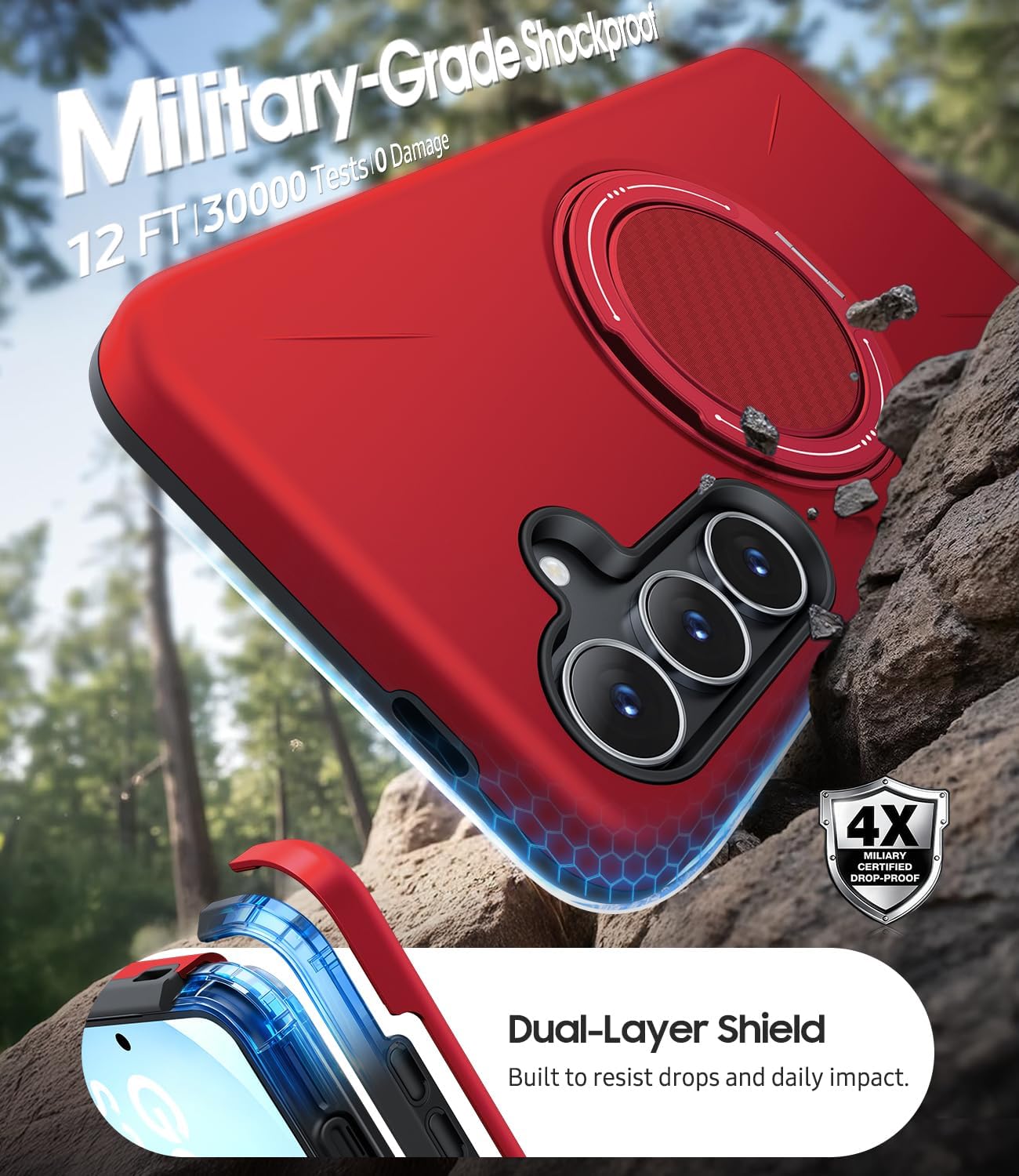 Thumbnail 2 de JAME Galaxy S25 FE Case with Ring Stand, Dual-Layer Protection, and Screen Protectors (Red)