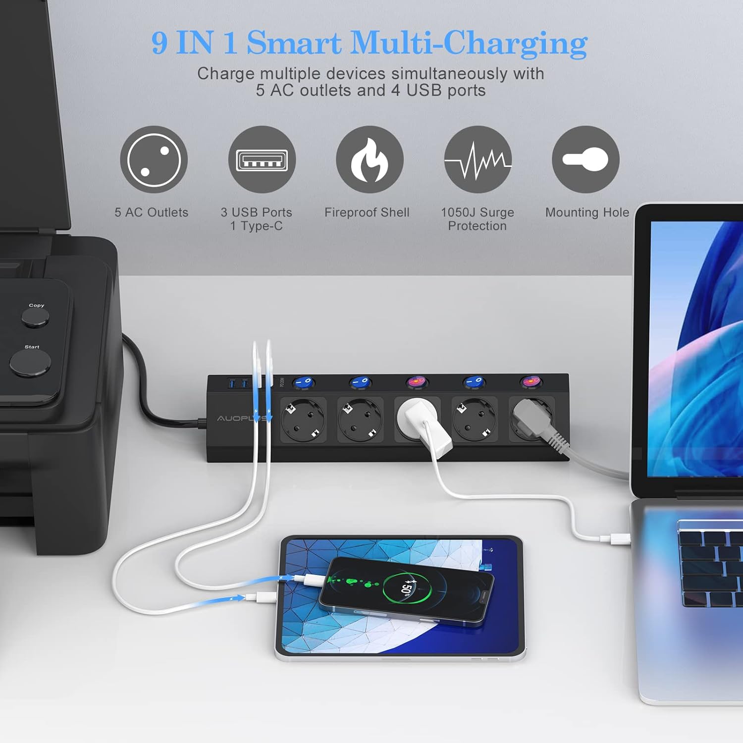 Detalle 2 de AUOPLUS Steckdosenleiste Einzeln Schaltbar – 5 Steckdosen, USB-C PD 20W, 2 m Kabel, Wandmontage, Überspannungsschutz