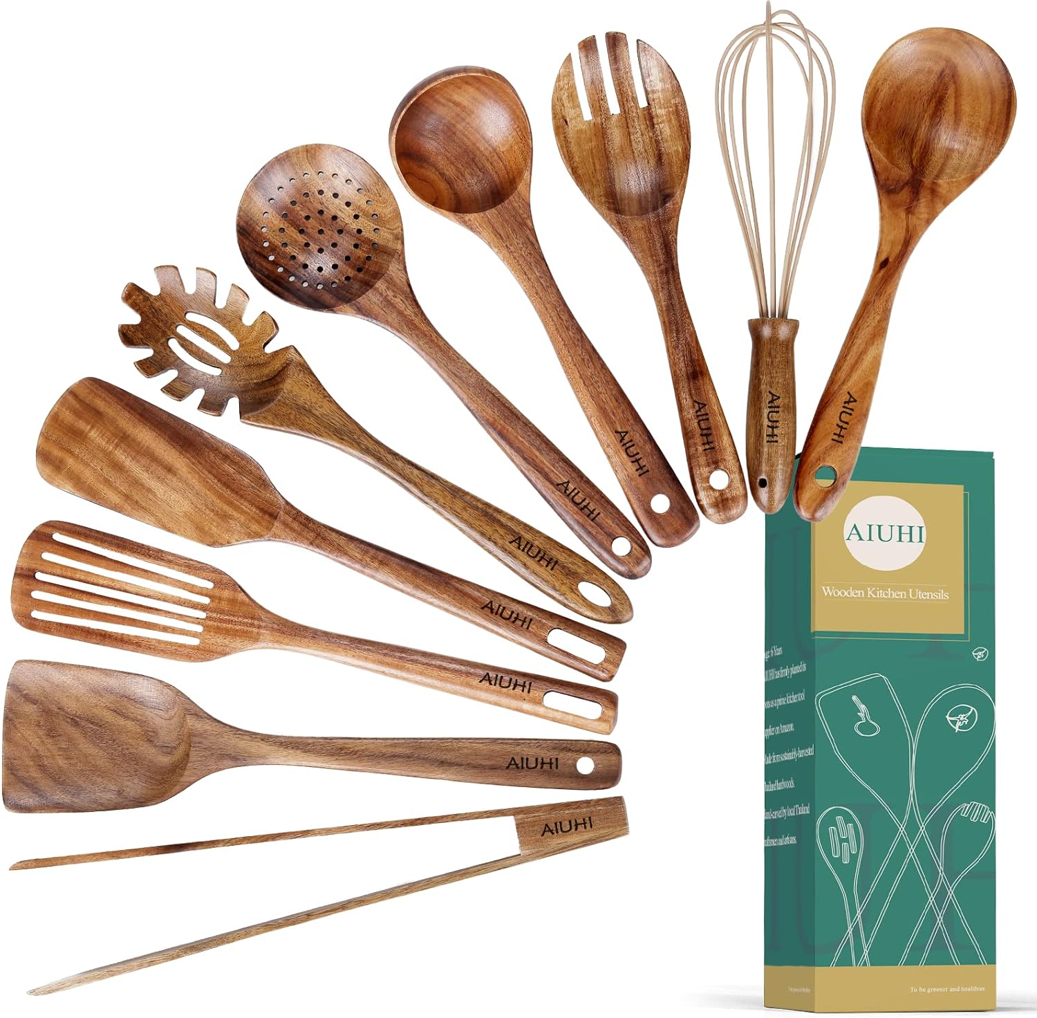 Detalle de 10-Pack Teak Wooden Cooking Utensils Set (Wood Spoons, Spatulas, Ladle & More) — Non-Scratch Kitchen Tools