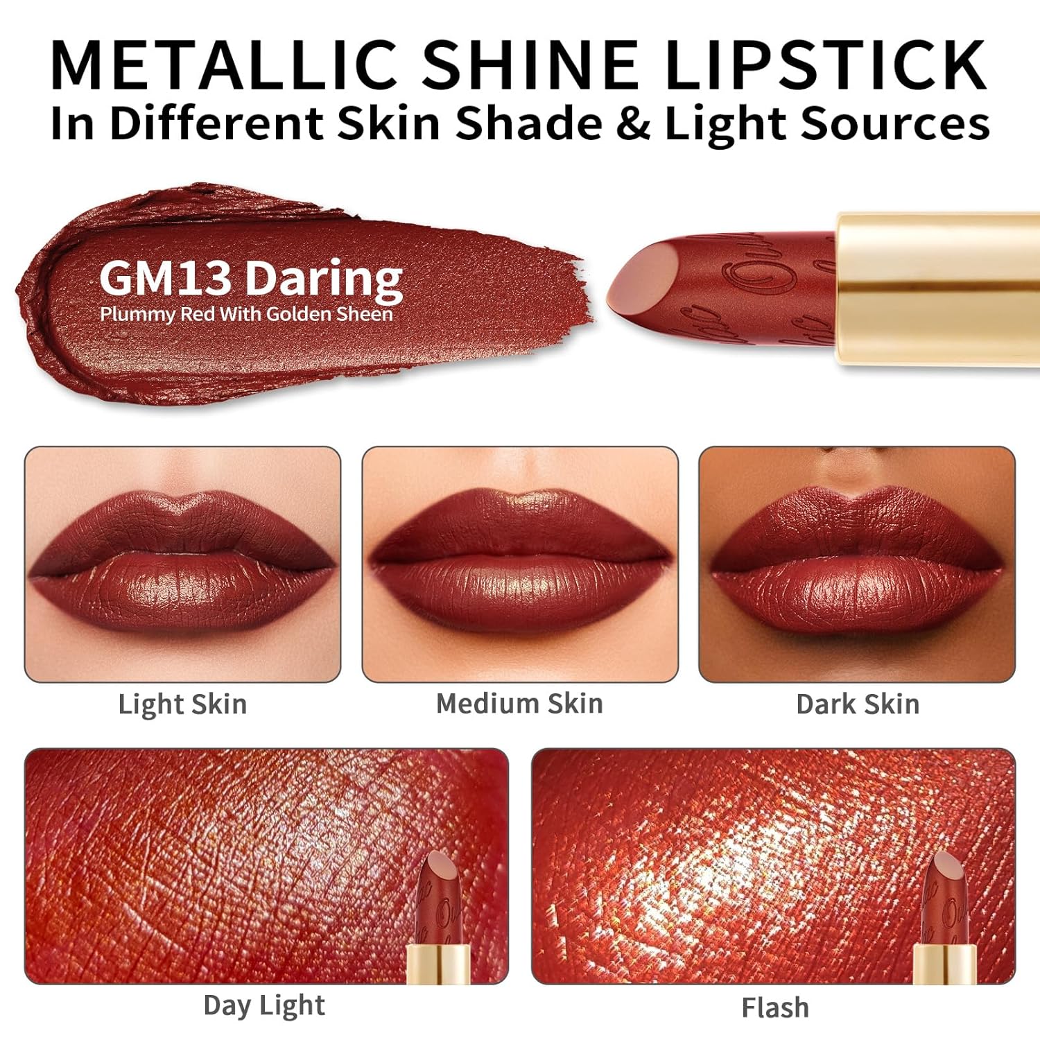 Detalle de OULAC Lippenstift Metallic Glanz Finish – Rot, langanhaltender Glitzer-Lippenstift (4,3 g, GM13)