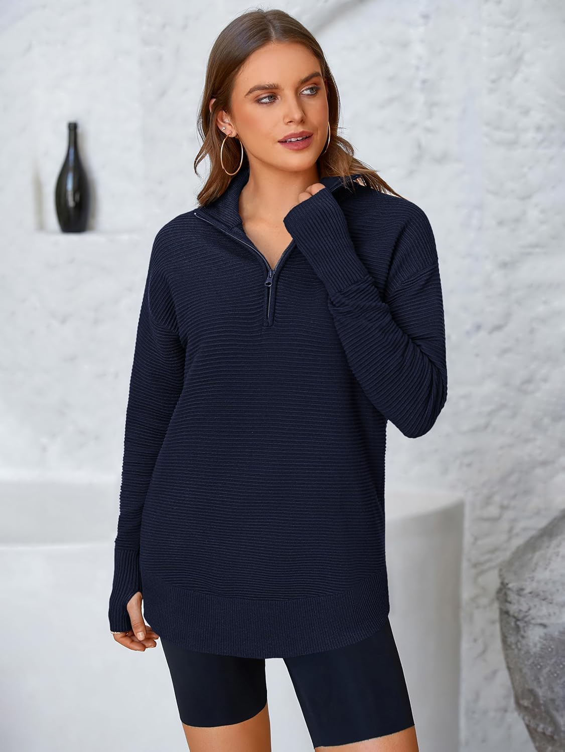 Thumbnail 1 de PRETTYGARDEN Womens Long Sleeve Quarter Zip Pullover Sweater with Thumb Holes