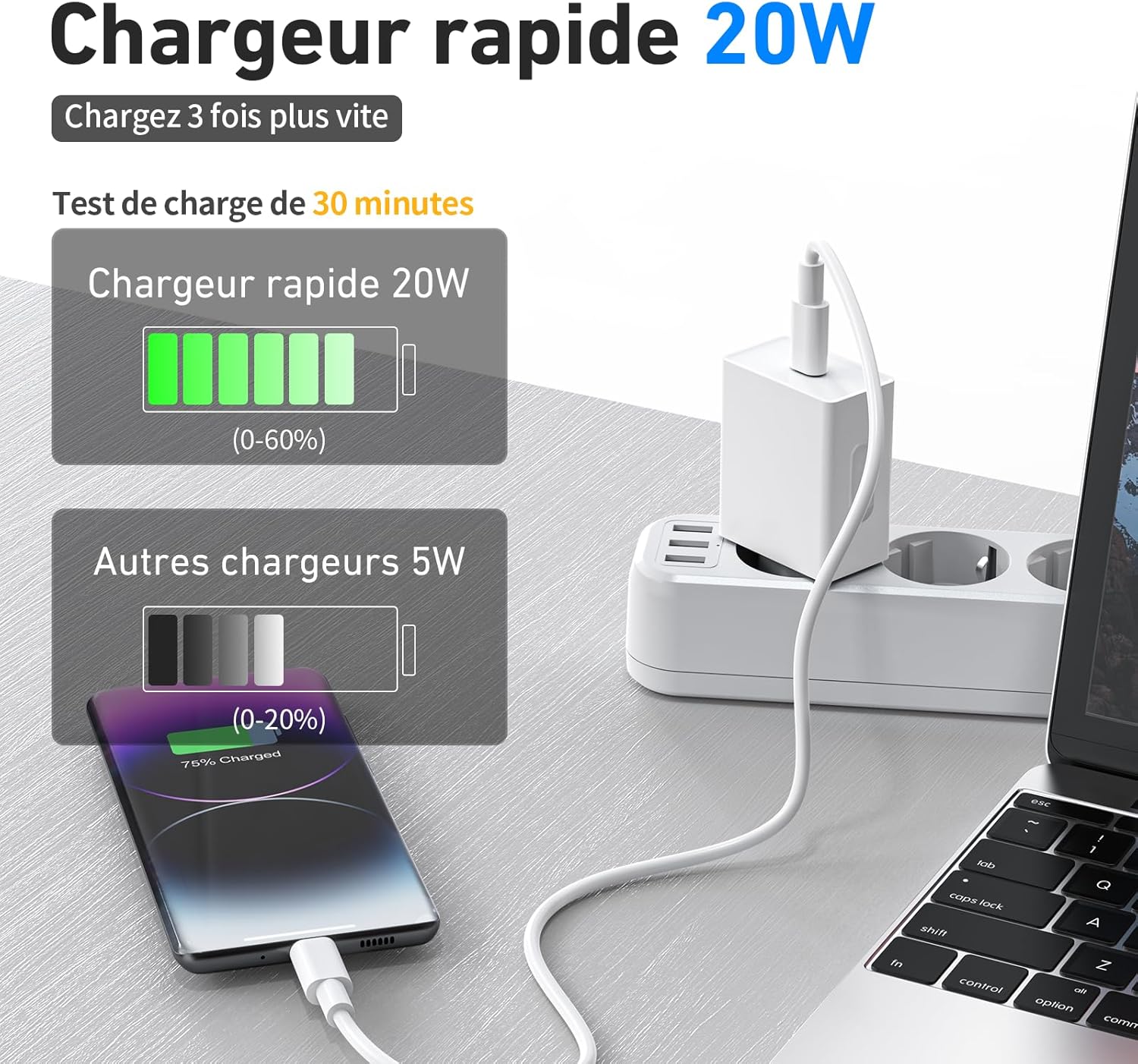Thumbnail 5 de Chargeur rapide iPhone USB‑C 25 W avec câble Lightning 2 m – adaptateur secteur mural (blanc)