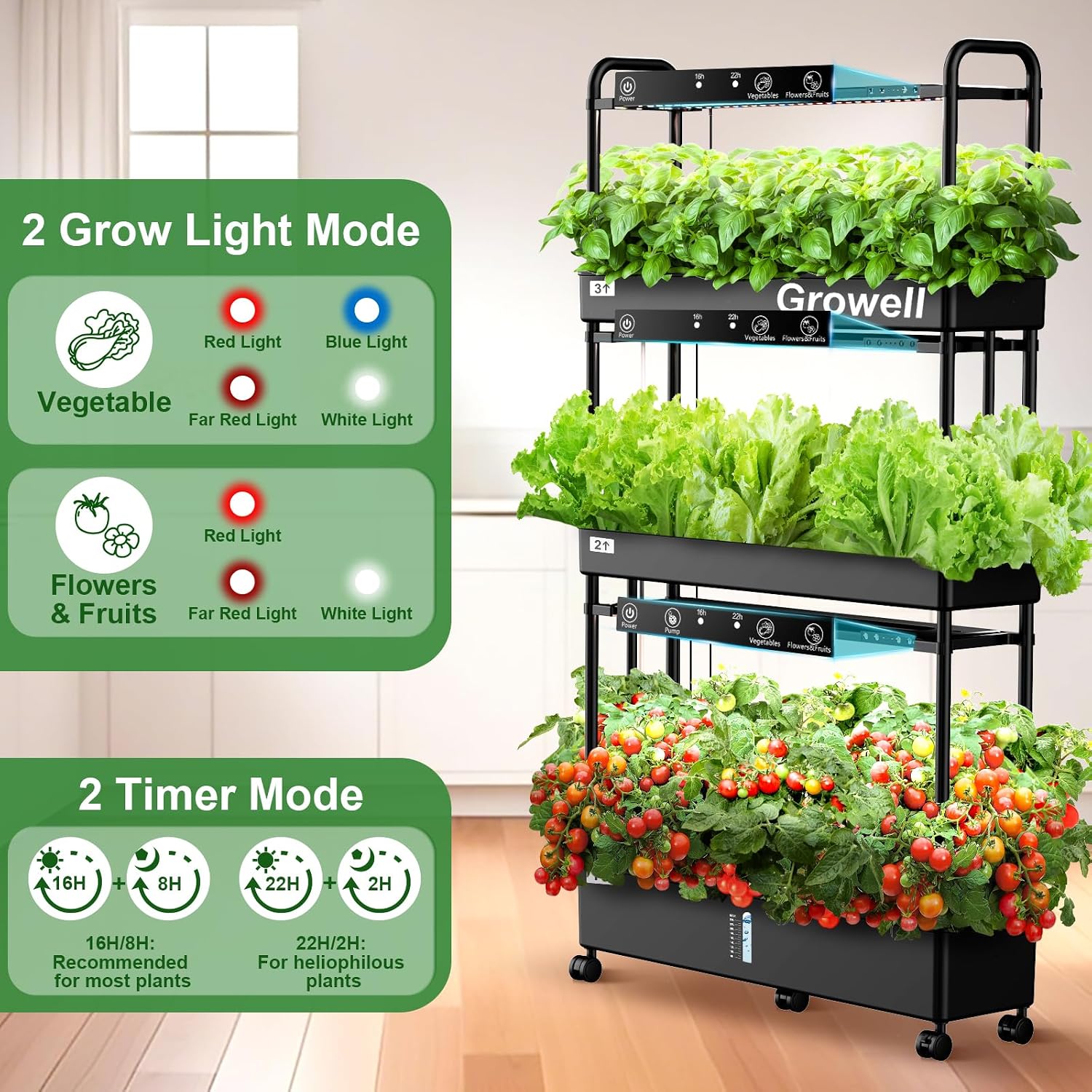 Detalle 1 de Growell 90-Pod Vertical Hydroponic Garden with 40 L Tank and Grow Lights