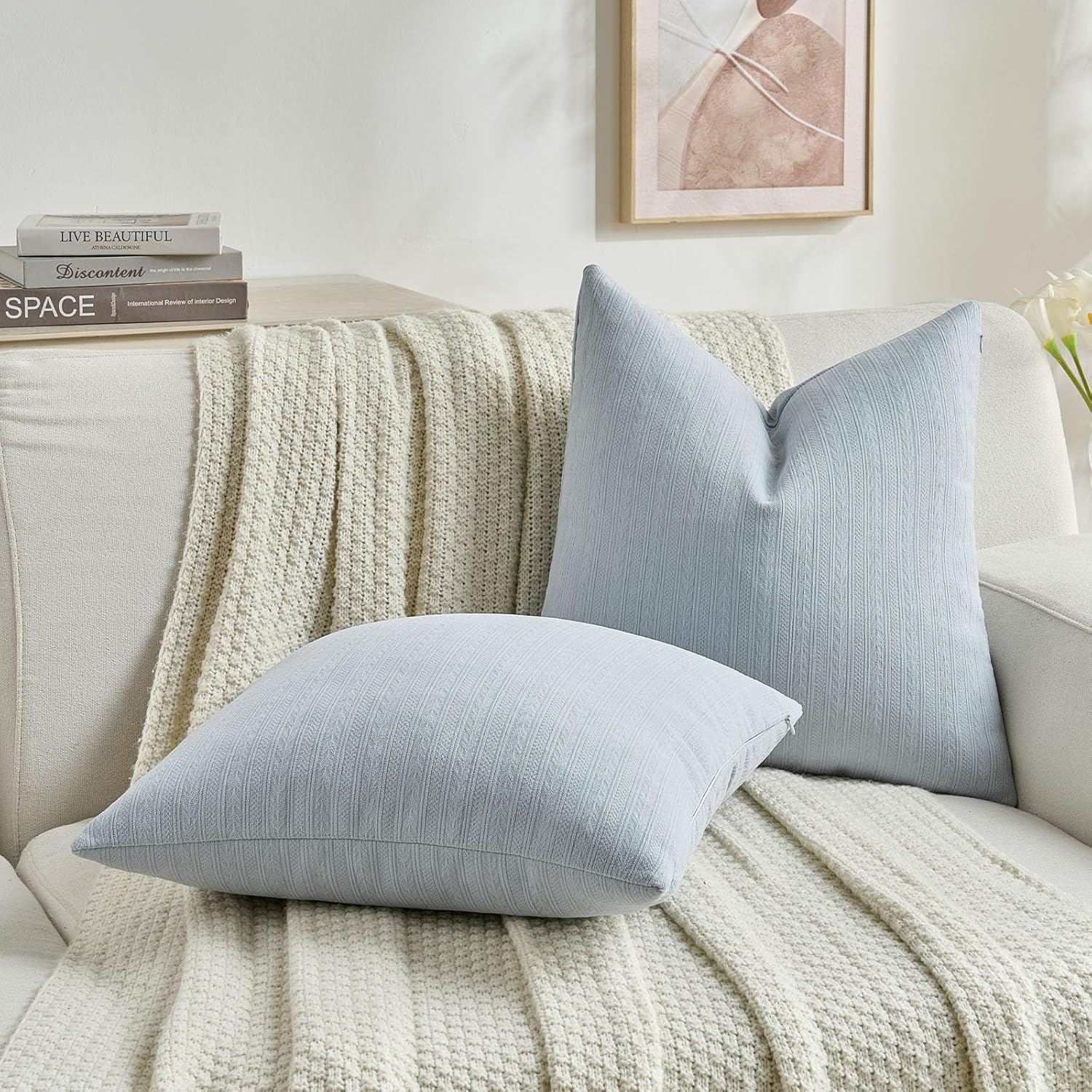 Thumbnail 4 de Housses de coussin Ystyle 45x45 (lot de 2) en chenille à fermeture éclair invisible, bleu clair