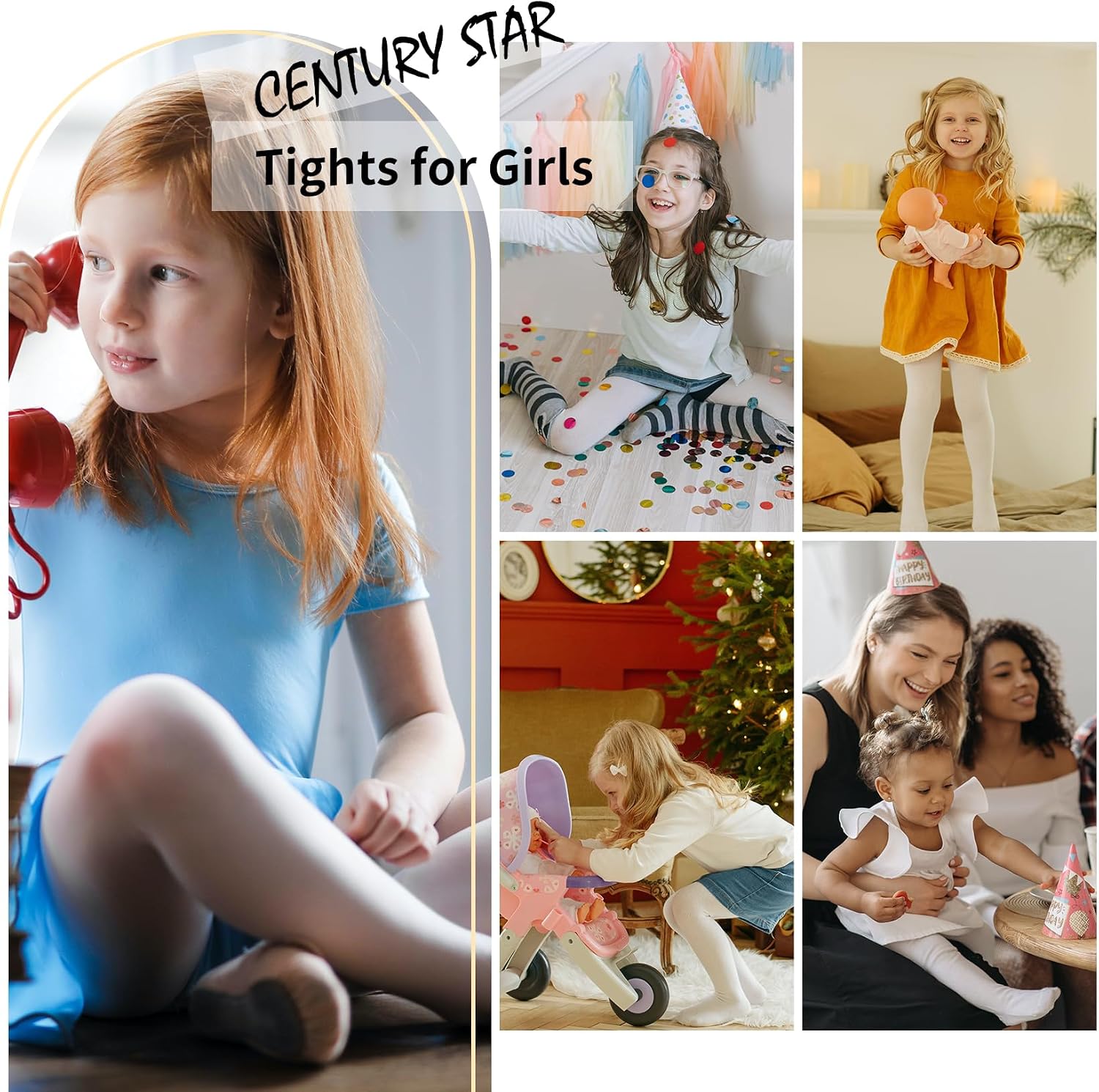 Detalle de Century Star 3-Pack Girls’ Ballet Tights with Soft Stretch and Grip Sole