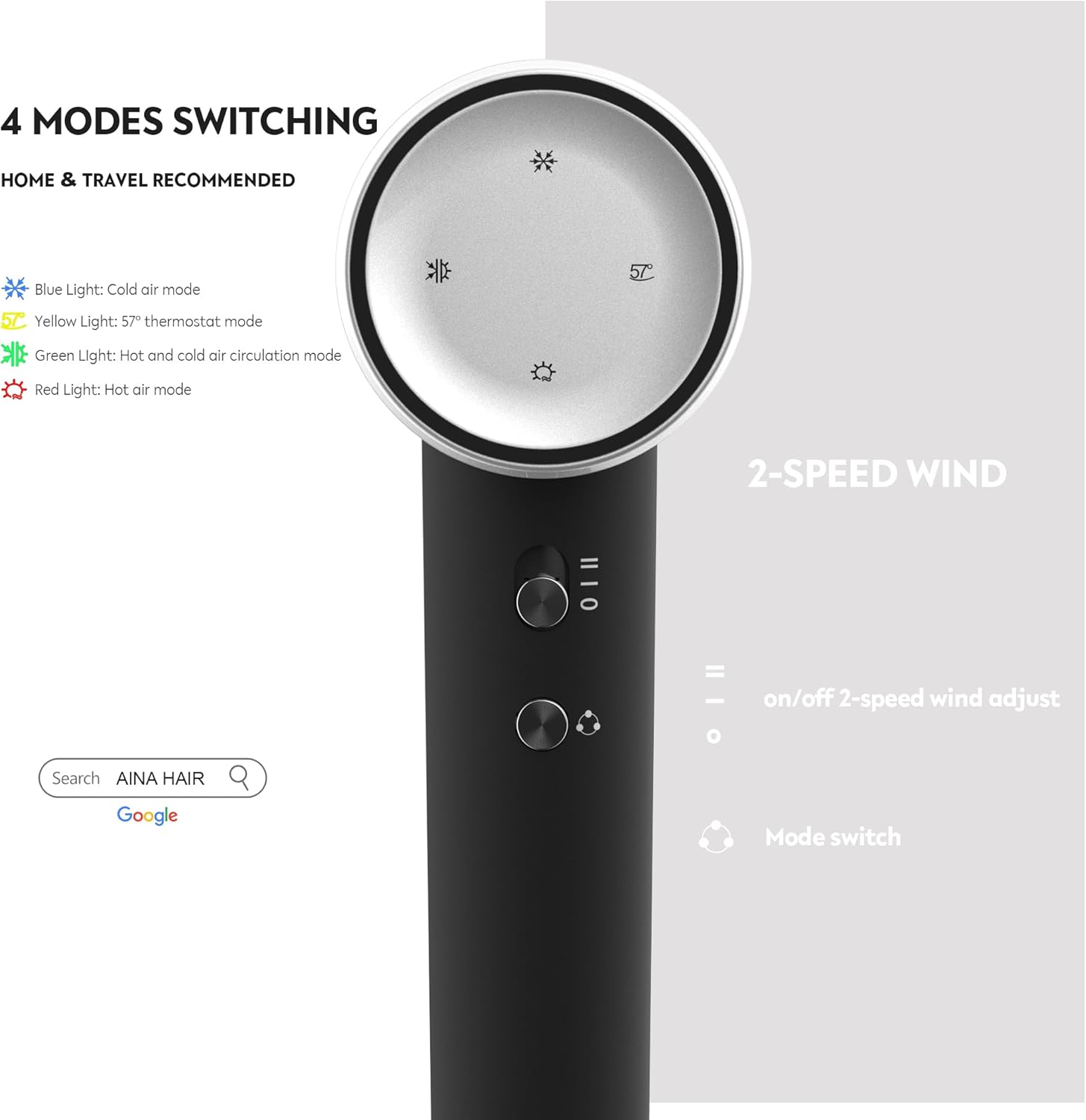 Thumbnail 2 de Aina AINA High Speed Hair Dryer (Brushless Motor, Ionic) – 1A Silver, Travel-friendly