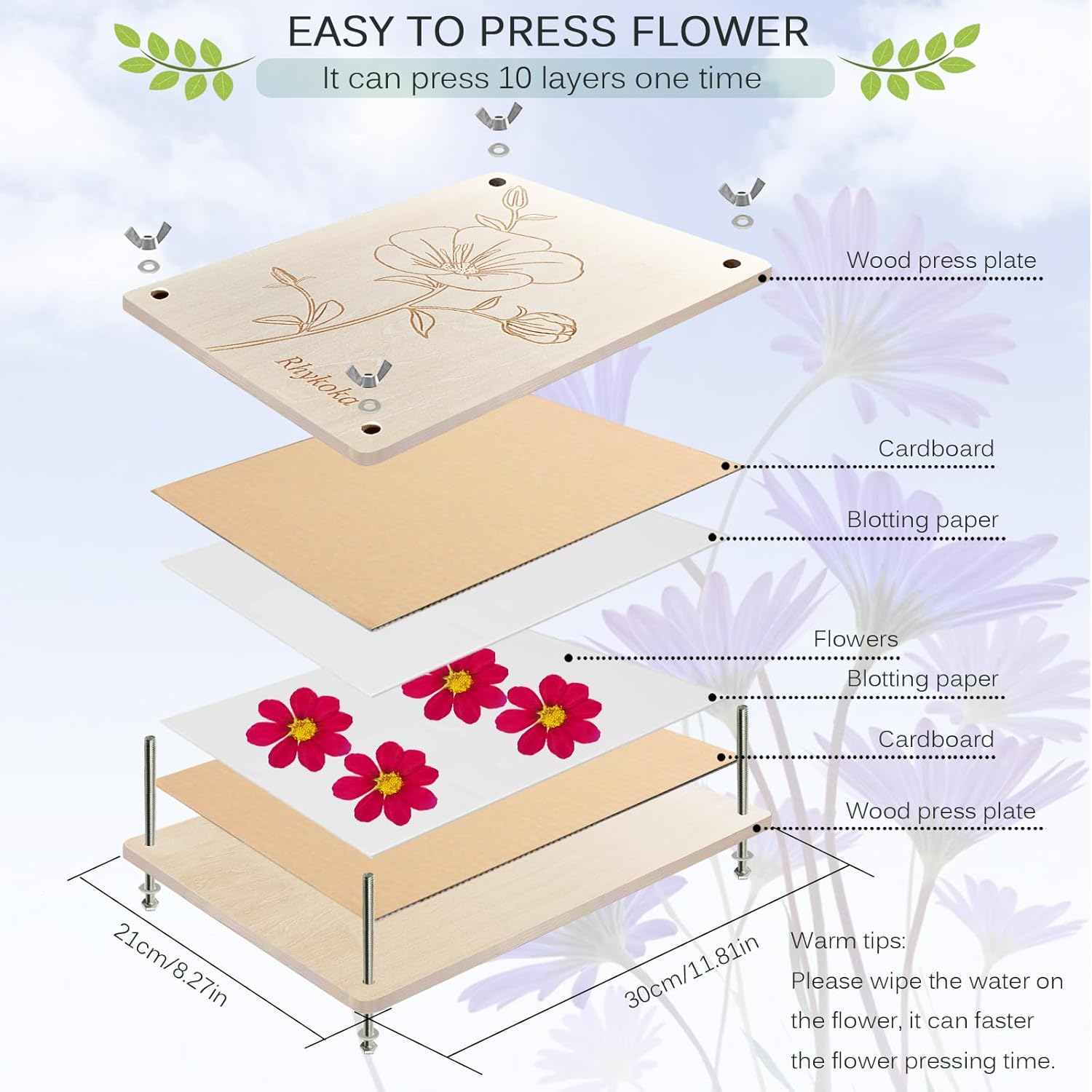 Thumbnail 1 de Rhykoka Large Flower Press Kit for Adults (10 Layers, 30 x 21cm) DIY wood flower pressing set