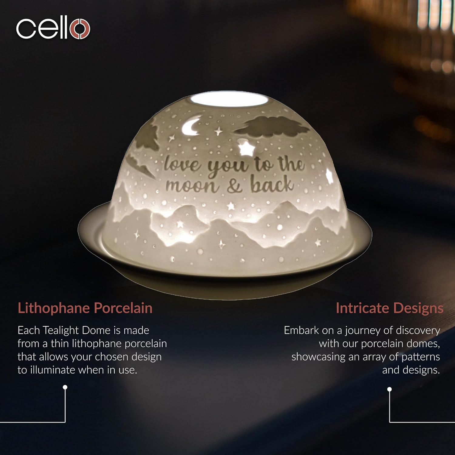 Thumbnail 1 de Cello Porcelain Tealight Holder Dome – “Love You To The Moon And Back” 3D Projection LED or Tealight