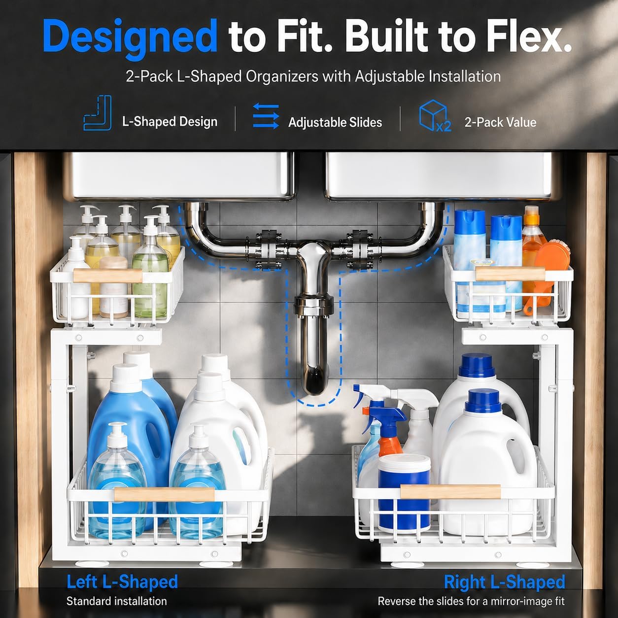 Thumbnail 6 de GeeBom Under Sink Organizer 2-Pack: 2-Tier Pull-Out Metal Shelf with Silicone Mat