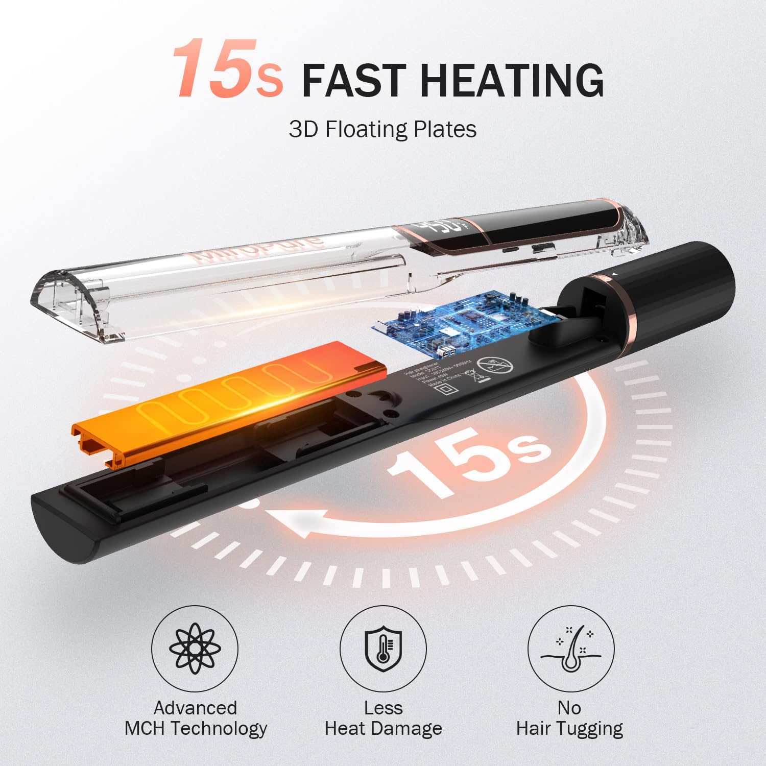 Detalle 2 de MiroPure Flat Iron Hair Straightener: 1-Inch Titanium Plates, 15-Second Heat-Up, Auto Shut-Off, and Dual Voltage