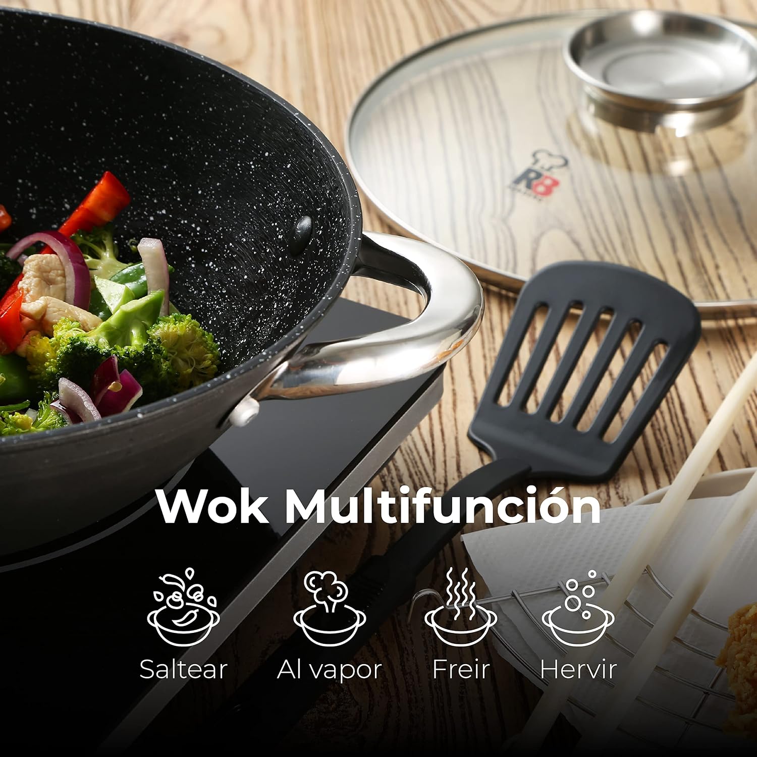 Thumbnail 5 de RENBERG Wasabi Wok 🍳 | Sartén Multifuncional con Tapa de Vidrio