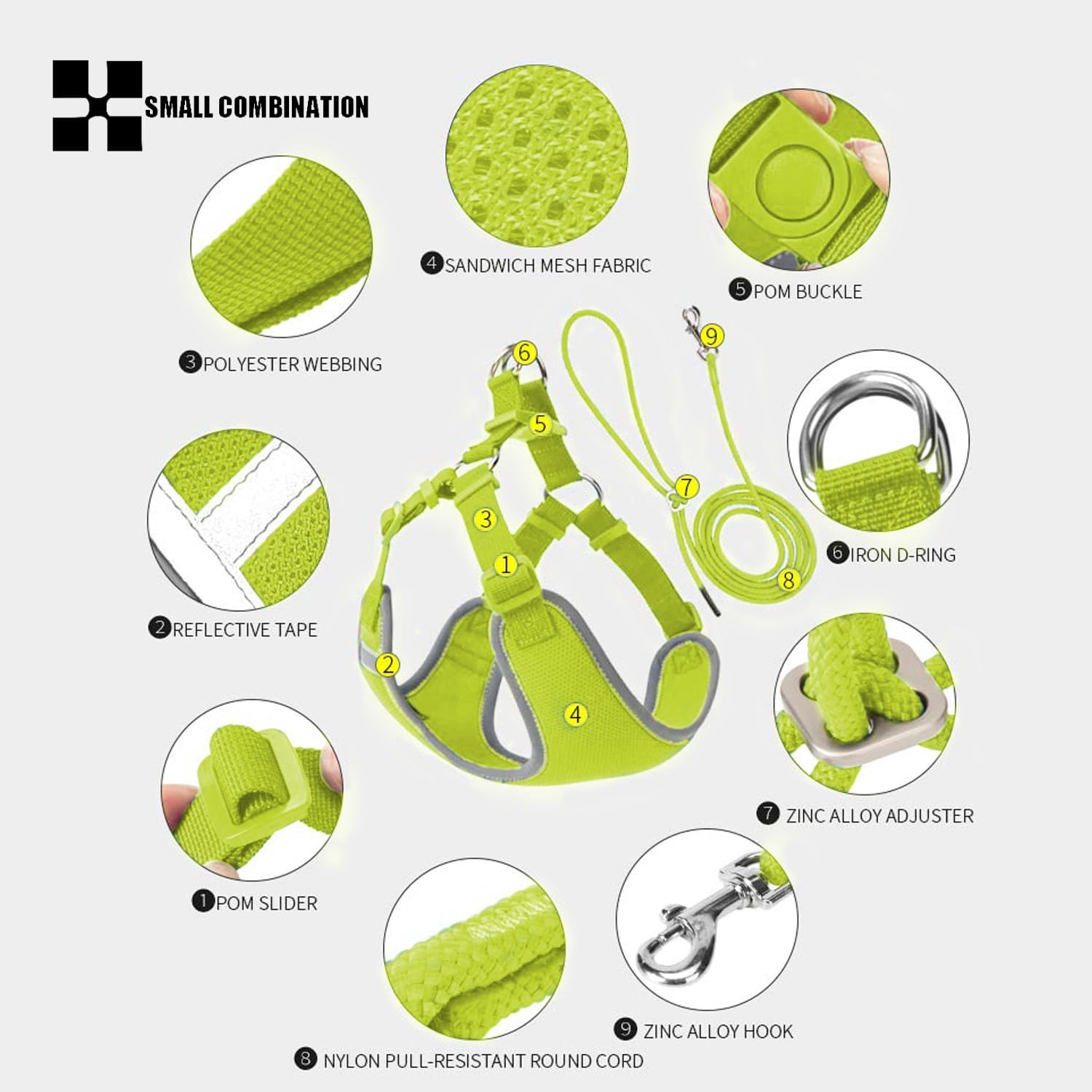 Detalle de Small Combination Small Combination Combination Nylon Dog Harness with Reflective Strips, Adjustable Straps and Matching Lead (Bright Green, XXXS)
