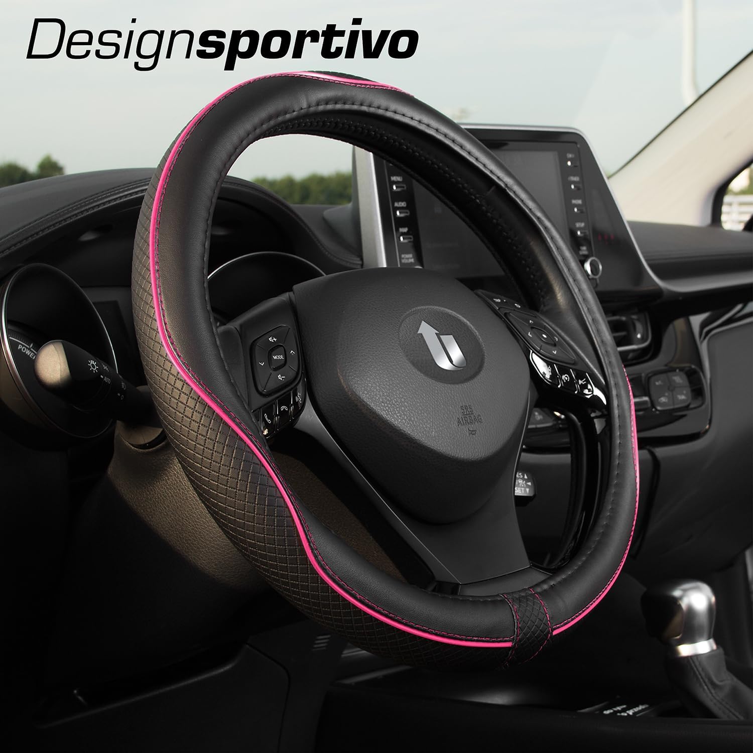 Detalle de Upgrade4cars coprivolante auto universale in finta pelle nero e rosa, diametro 37-38 cm