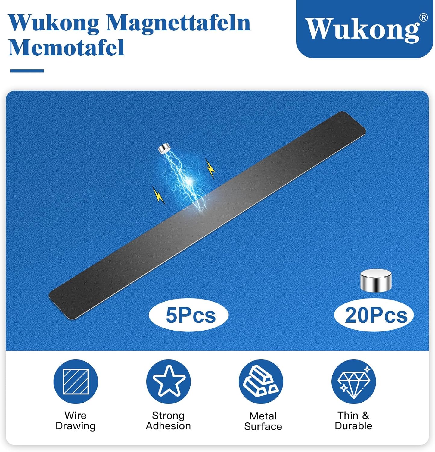 Detalle 2 de Wukong Lavagna magnetica per memo 30 x 4 mm – 5 pezzi autoadesivi con 20 magneti al neodimio, nero