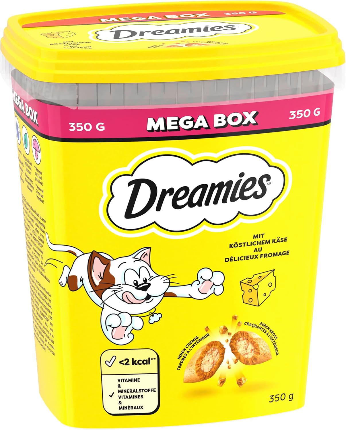 Detalle 2 de DREAMIES Katzensnacks Käse – 2x350 g Mega Box, knusprig außen, cremige Füllung