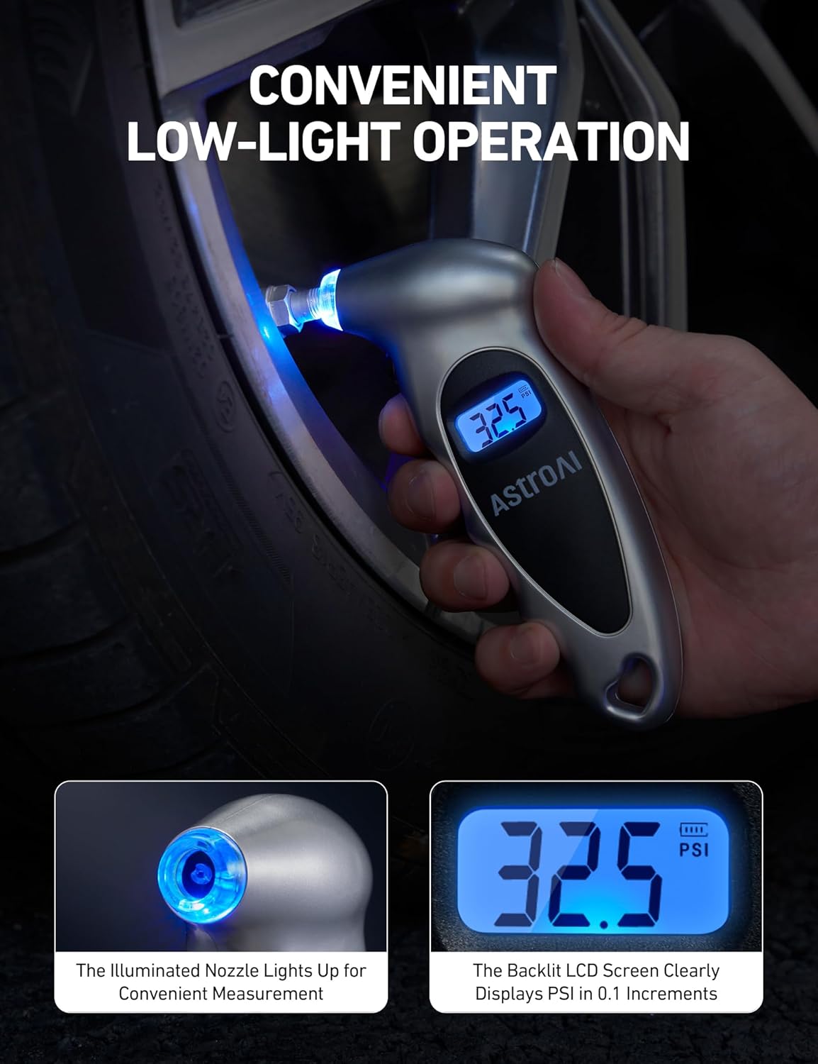Thumbnail 1 de AstroAI Digital Tire Pressure Gauge (0–150 PSI), Backlit LCD, Calibrated to ANSI B40.7, 4-Unit Display + Presta Adaptor (2-Pack)