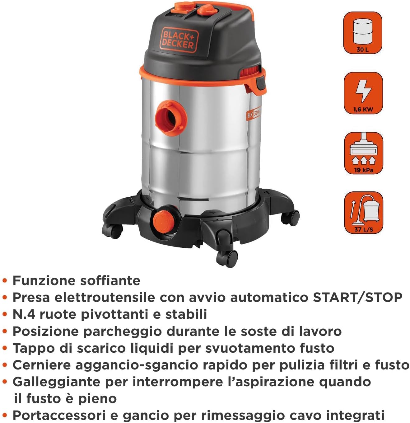 Detalle 2 de BLACK+DECKER BXVC30XTDE Aspiratore Solidi e Liquidi 30 L con Presa Elettroutensili (1600 W, 30 L)