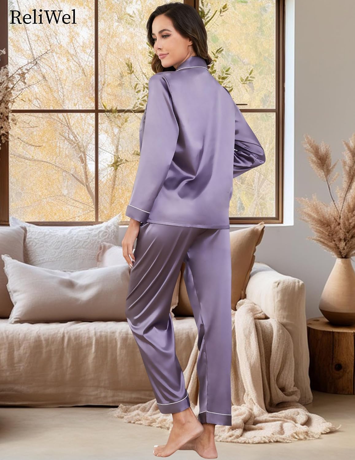 Thumbnail 2 de Reliwel satijnen damespyjama met V-hals, knoopsluiting en elastische taille