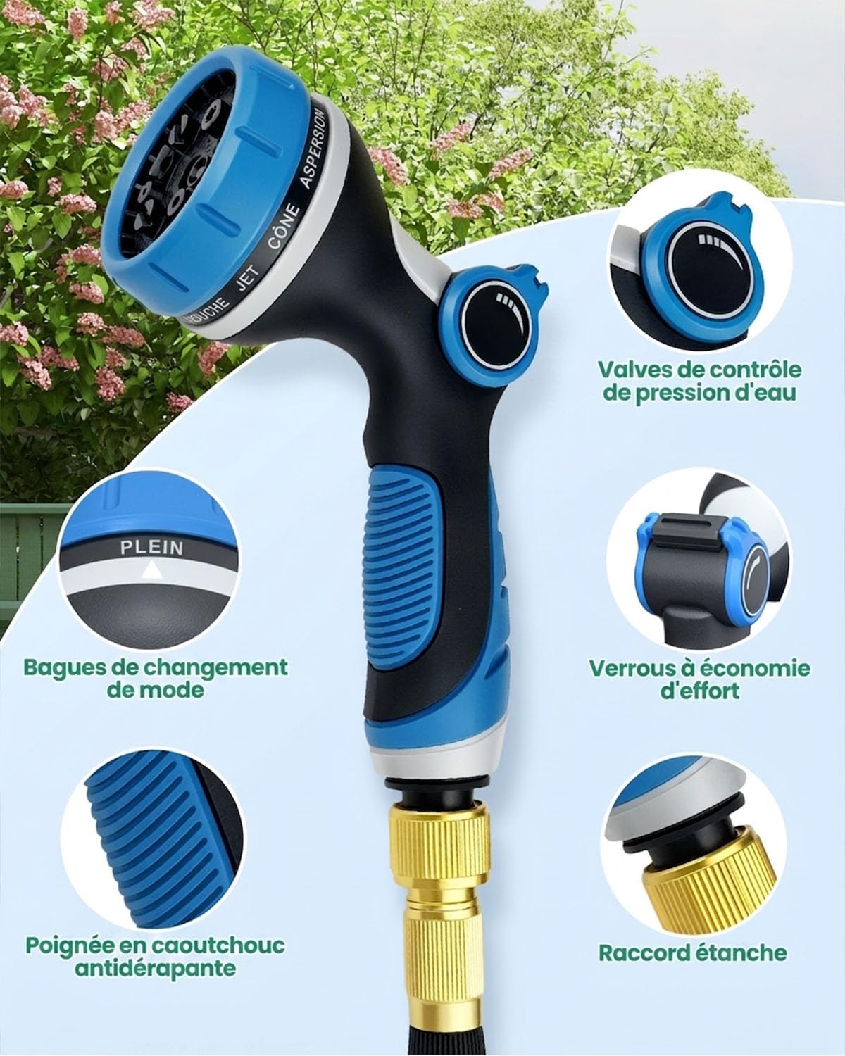 Detalle de Zenmos Flexibler Gartenschlauch 30 M / 100 ft – 3/4" und 1/2" Anschlüsse, 10‑Funktionen Düse, Dehnbar