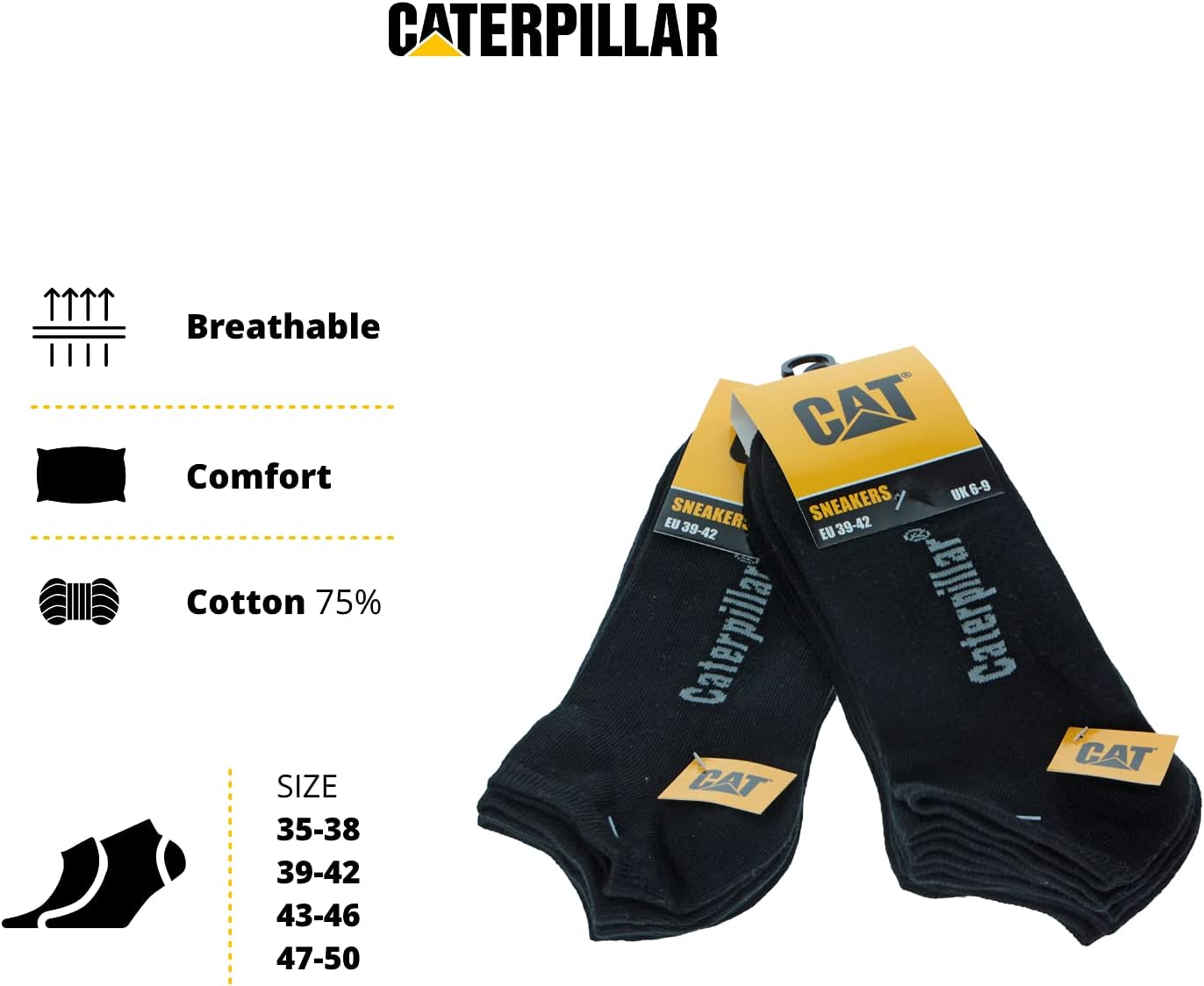 Detalle de CAT Caterpillar – Lot de 6 chaussettes de travail en coton pour hommes, taille conforme et confortables
