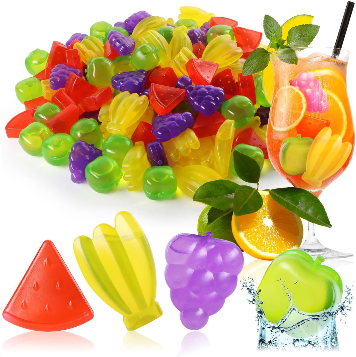 com-four wiederverwendbare Eiswürfel (120 Stück) im Früchte-Design – Party-Eiswürfel zum Kühlen von Getränken