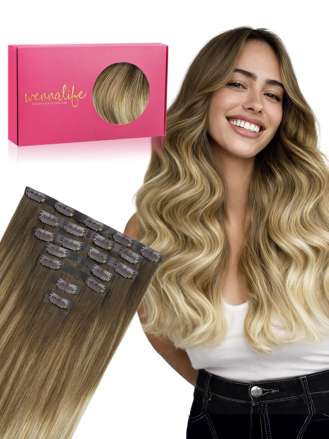 Detalle de WENNALIFE Real Human Hair Clip-In Extensions, 20 inches, Ombre Walnut Brown to Ash Brown & Bleach Blonde, Seamless PU Weft
