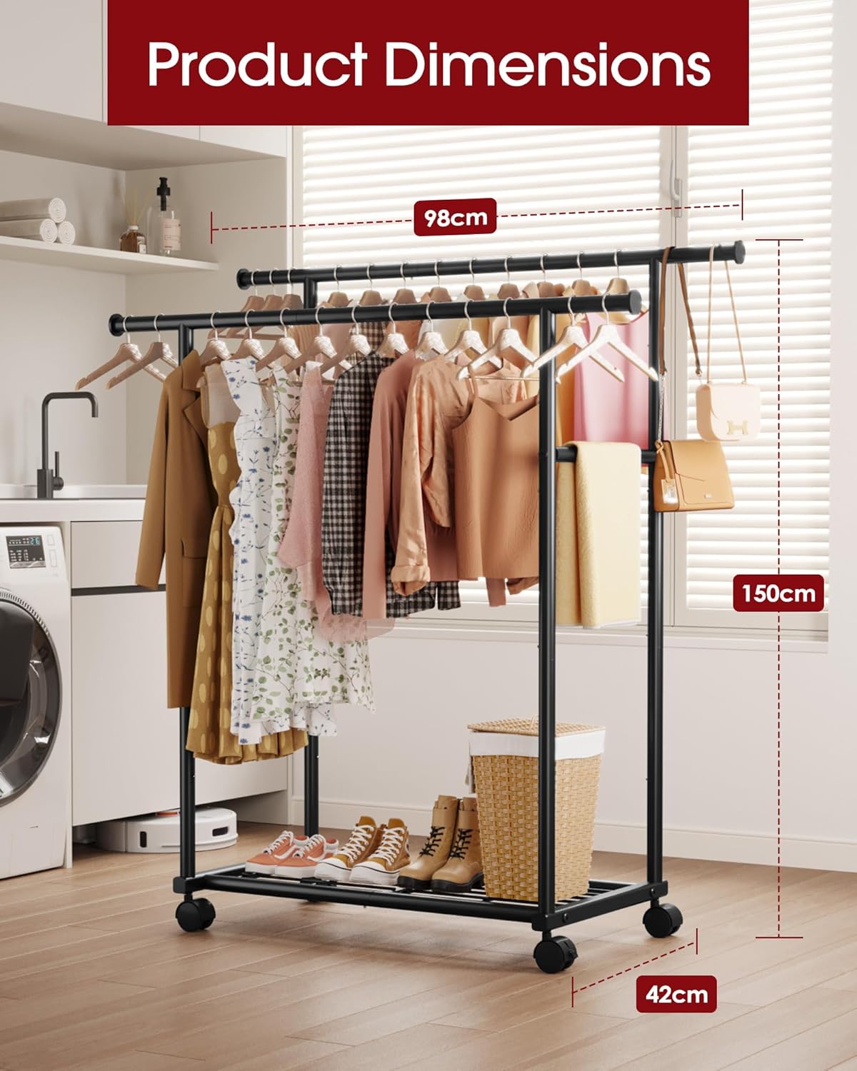 Detalle de Sakugi double-rod clothes rail with fixed extension rod, mesh shelf and universal wheels (98cm x 42cm x 150cm) - Black