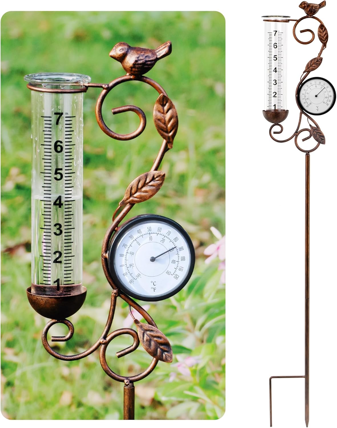 32-Inch Garden Rain Gauge with Thermometer — Metal Bird Outdoor Yard Decor & 7-Inch Glass Tube